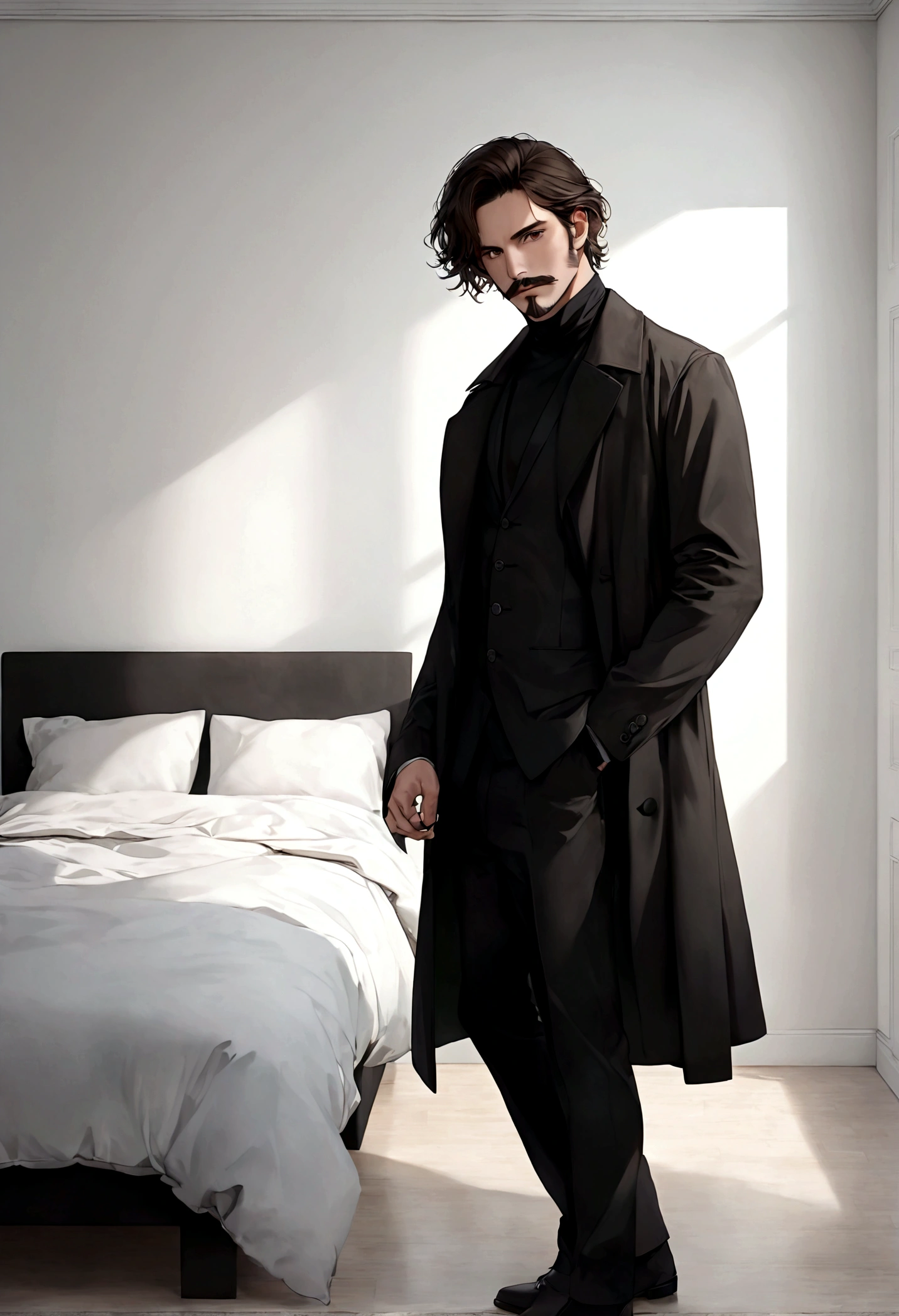(abrigo para hombre), ), ((bigote estilo Van Dyke y (barba de chivo) "Van Dyke", Van Dyke beard)), (light brown eyes), Aspecto atractivo y serio, cabello muy largo oscuro, messy hair, Elegante y con estilo, abrigo de cuerpo, Un hombre similar al actor Jim Morrison con el cabello largo, ((cabello muy largo)) (Imagen realista y de alta calidad), Apartamento escandinavo en el fondo simple de un cuarto, ((La mejor calidad, 8K, obra maestra).((pose dinamica))