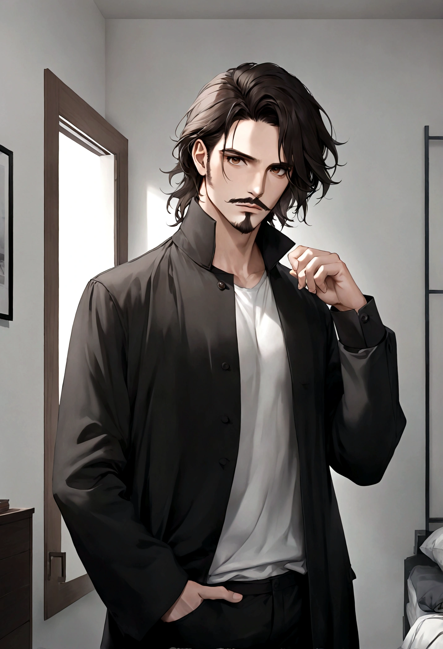 (abrigo para hombre), ), ((bigote estilo Van Dyke y (barba de chivo) "Van Dyke", Van Dyke beard)), (light brown eyes), Aspecto atractivo y serio, cabello muy largo oscuro, messy hair, Elegante y con estilo, abrigo de cuerpo, Un hombre similar al actor Jim Morrison con el cabello largo, ((cabello muy largo)) (Imagen realista y de alta calidad), Apartamento escandinavo en el fondo simple de un cuarto, ((La mejor calidad, 8K, obra maestra).((pose dinamica))