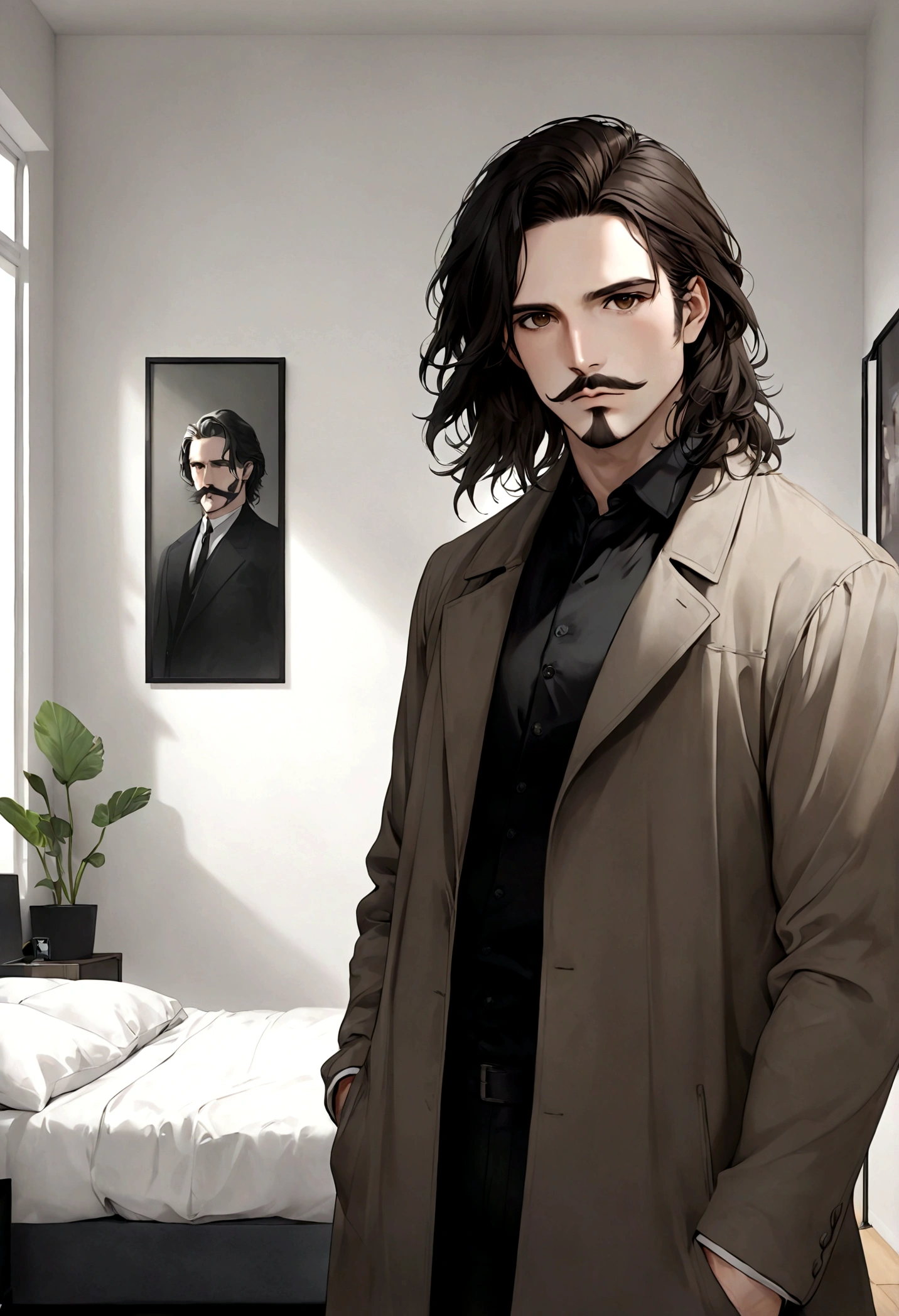 (abrigo para hombre), ), ((bigote estilo Van Dyke y (barba de chivo) "Van Dyke", Van Dyke beard)), (light brown eyes), Aspecto atractivo y serio, cabello muy largo oscuro, messy hair, Elegante y con estilo, abrigo de cuerpo, Un hombre similar al actor Jim Morrison con el cabello largo, ((cabello muy largo)) (Imagen realista y de alta calidad), Apartamento escandinavo en el fondo simple de un cuarto, ((La mejor calidad, 8K, obra maestra).((pose dinamica))