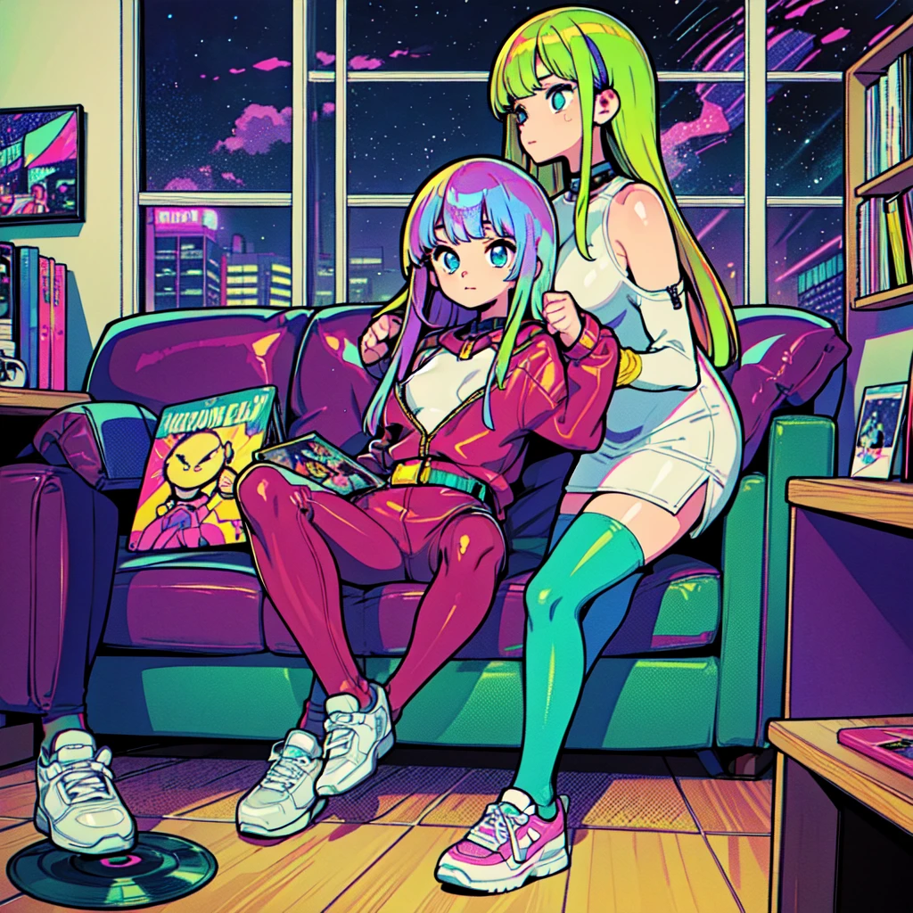 (masterpiece), highest quality, Expressive eyes, Neon pastel aesthetics, Retro 90s, Neon color,((Girl sitting on sofa,In a cozy room,Records hanging on her wall, Comic books on the floor, Looking out the window behind her at the night city, Upholstered room, Anime figures lined up on a shelf)), Wearing headphones, (All around her it sparkles), (wearing thick colorful sneakers), (blue eyes), (Soft look), (Synthwave Art Style), Colorful Hair, Desk with PC set up