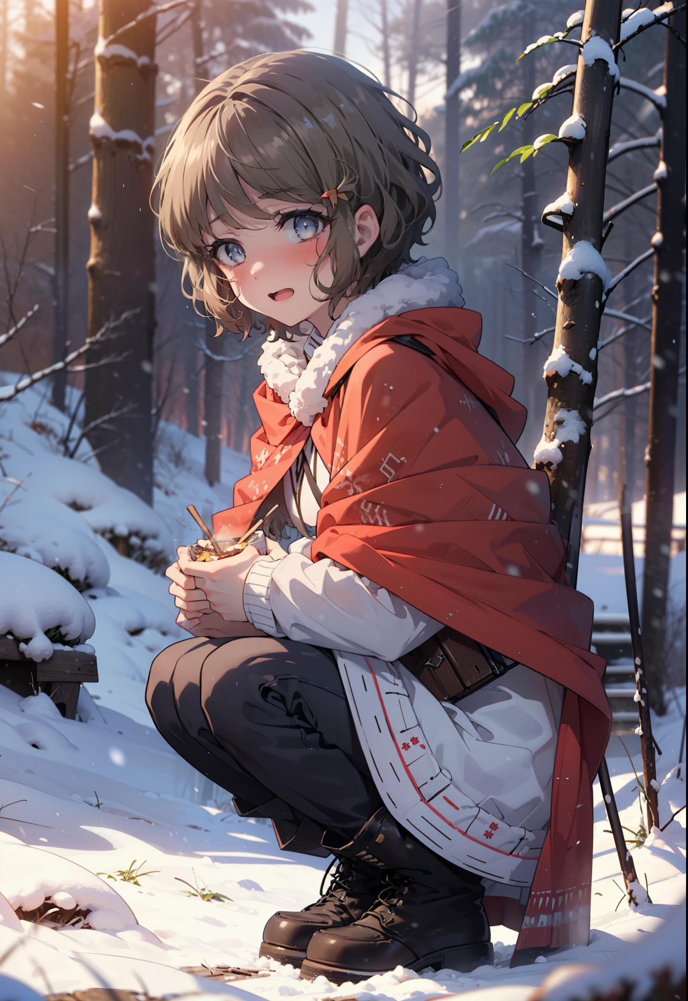 tomoekoga, Chie Koga, short hair, Brown Hair, blue eyes, hair band,smile,blush,White Breath,Mid-chest,
Open your mouth,snow,Ground bonfire, Outdoor, boots, snowing, From the side, wood, suitcase, Cape, Blurred, having meal, forest, White handbag, nature, Squat, Mouth closed, Cape, winter, Written boundary depth, Black shoes, red Cape break looking at viewer, Upper Body, whole body, break Outdoor, forest, nature, break (masterpiece:1.2), highest quality, High resolution, unity 8k wallpaper, (shape:0.8), (Beautiful and beautiful eyes:1.6), Highly detailed face, Perfect lighting, Highly detailed CG, (Perfect hands, Perfect Anatomy),