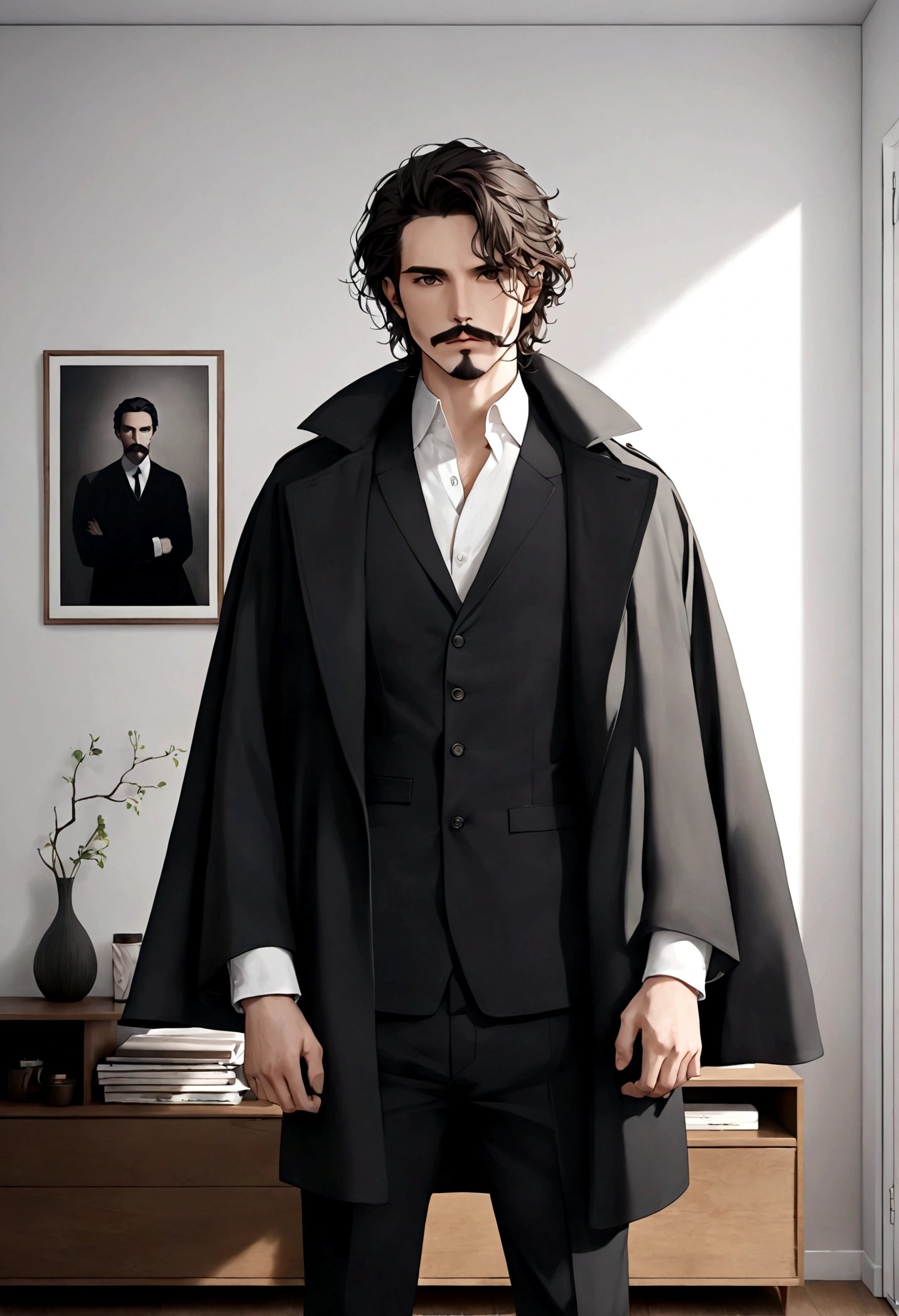 (abrigo para hombre), ), ((bigote estilo Van Dyke y (barba de chivo) "Van Dyke", Van Dyke beard)), (light brown eyes), Aspecto atractivo y serio, cabello muy largo oscuro, messy hair, Elegante y con estilo, abrigo de cuerpo, Un hombre similar al actor Jim Morrison con el cabello largo, ((cabello muy largo)) (Imagen realista y de alta calidad), Apartamento escandinavo en el fondo simple de un cuarto, ((La mejor calidad, 8K, obra maestra).((pose dinamica))