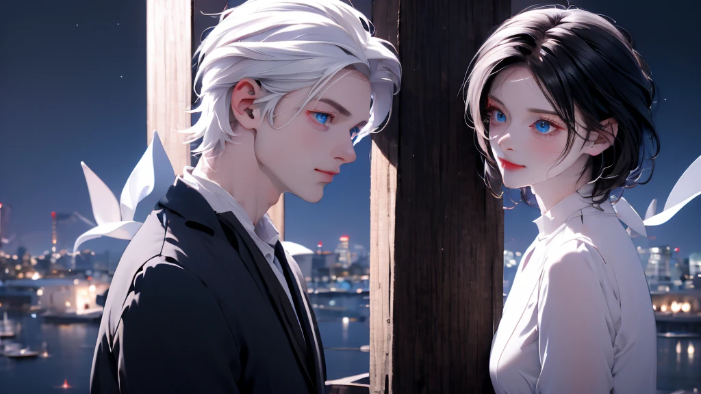 1 Boy&Girl , Boy medium light black hair, Girl medium light white hair, light blue eyes, wearing black suit, night city, 18+ , high res, ultrasharp, 8K, masterpiece, looking from behind