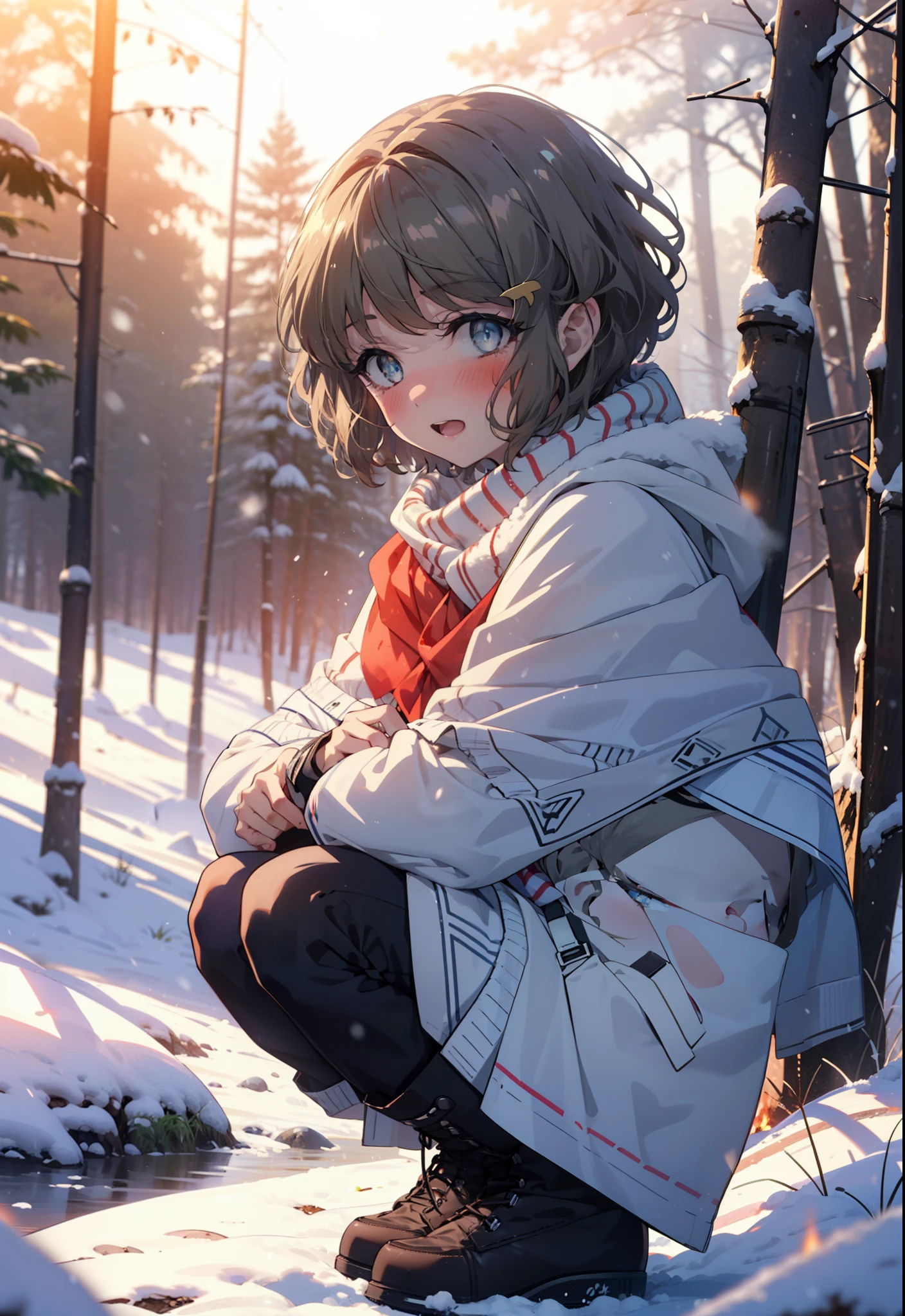 tomoekoga, Chie Koga, short hair, Brown Hair, blue eyes, hair band,smile,blush,White Breath,Mid-chest,
Open your mouth,snow,Ground bonfire, Outdoor, boots, snowing, From the side, wood, suitcase, Cape, Blurred, having meal, forest, White handbag, nature, Squat, Mouth closed, Cape, winter, Written boundary depth, Black shoes, red Cape break looking at viewer, Upper Body, whole body, break Outdoor, forest, nature, break (masterpiece:1.2), highest quality, High resolution, unity 8k wallpaper, (shape:0.8), (Beautiful and beautiful eyes:1.6), Highly detailed face, Perfect lighting, Highly detailed CG, (Perfect hands, Perfect Anatomy),