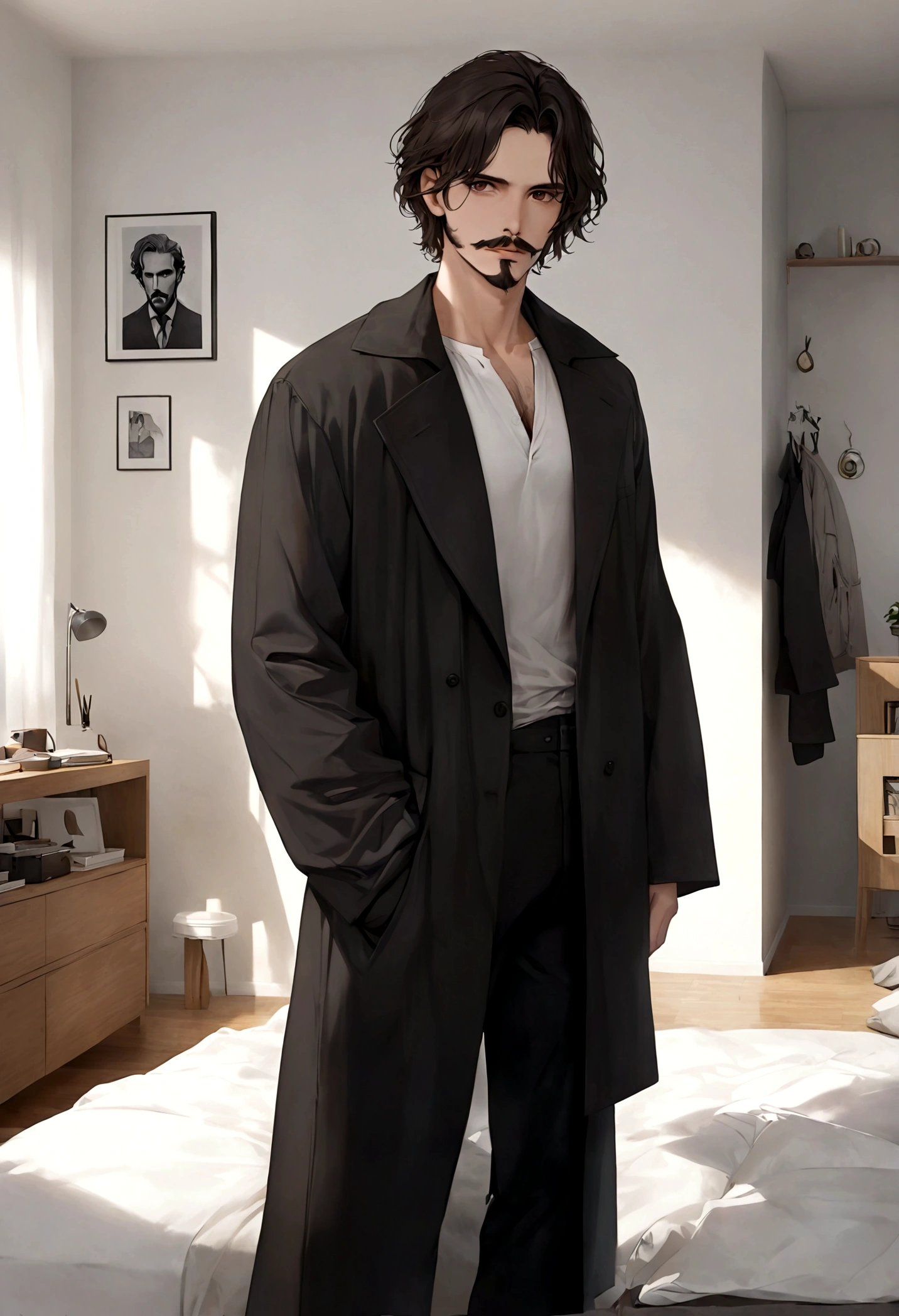 (abrigo para hombre), ), ((bigote estilo Van Dyke y (barba de chivo) "Van Dyke", Van Dyke beard)), (light brown eyes), Aspecto atractivo y serio, cabello muy largo oscuro, messy hair, Elegante y con estilo, abrigo de cuerpo, Un hombre similar al actor Jim Morrison con el cabello largo, ((cabello muy largo)) (Imagen realista y de alta calidad), Apartamento escandinavo en el fondo simple de un cuarto, ((La mejor calidad, 8K, obra maestra).((pose dinamica))