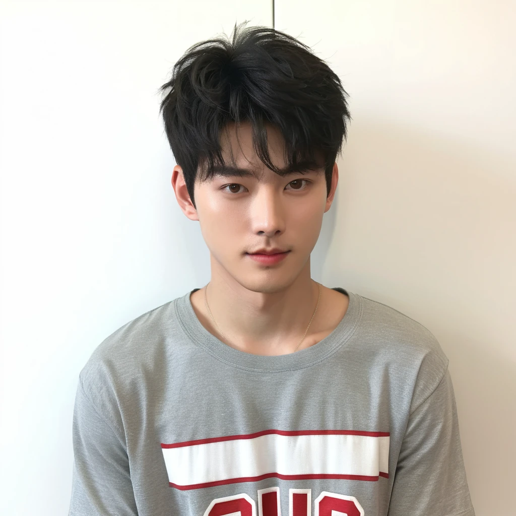 Best Quality, 8k, Masterpiece, (Portrait: 1.3), (photo realistic:1.4), (hyper realistic:1.4), Sharp Focus, looking at viewer, (smoother lighting:1.1), (increase cinematic lighting quality:0.9), realistic lighting, backlighting, light on face, ray trace, (brightening light:1.2), (Increase quality:1.4), sharp detail, (best quality real texture skin:1.4), finely detailed eyes, black_eyes, finely detailed face, 25 year old Korean man, (gray t_shirt:1.4), (Create an image maintaining the original base model hairstyle:1.5)