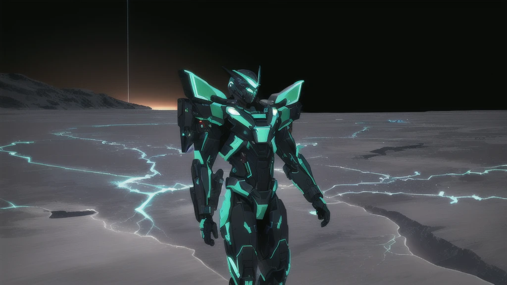 a black colored male transformer with green inserts, symmetrically arranged green parts, on the frontof the body not transparent cabin, on the back - aircraft's wings, arms from elbows to hands look like the front part of a aircraft, wheels are visible on the shoulders, on the legs from knees to the ankle there are aircraft's repulsors and small aircraft's tail wings, no helmet, light blue eyes, two legs, two arms, not a suit, on a background there is an empty dark blue metal desert, no buildings, no structures, dark blue storm clouds, light blue lightning from the clouds, blue river, river to the horizon, electrified river, light blue lightning from the river, space sky, stars in the sky, composition on the metal planet, big metalic planet, dark-blue metal, shiny metal, cybertron, mechanical planet, empty wasteland, dark blue storm clouds, light blue lightning from clouds, blue river, river to horizon, electrized river, light blue lightning from river, space sky, stars on the sky, realistic, watercolor, 4k, high quality, hight attention to details, concept art, concept art by Chris Mowry.