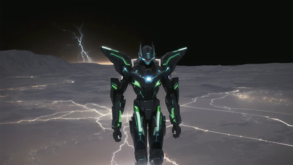 a black colored male transformer with green inserts, symmetrically arranged green parts, on the frontof the body not transparent cabin, on the back - aircraft's wings, arms from elbows to hands look like the front part of a aircraft, wheels are visible on the shoulders, on the legs from knees to the ankle there are aircraft's repulsors and small aircraft's tail wings, no helmet, light blue eyes, two legs, two arms, not a suit, on a background there is an empty dark blue metal desert, no buildings, no structures, dark blue storm clouds, light blue lightning from the clouds, blue river, river to the horizon, electrified river, light blue lightning from the river, space sky, stars in the sky, composition on the metal planet, big metalic planet, dark-blue metal, shiny metal, cybertron, mechanical planet, empty wasteland, dark blue storm clouds, light blue lightning from clouds, blue river, river to horizon, electrized river, light blue lightning from river, space sky, stars on the sky, realistic, watercolor, 4k, high quality, hight attention to details, concept art, concept art by Chris Mowry.