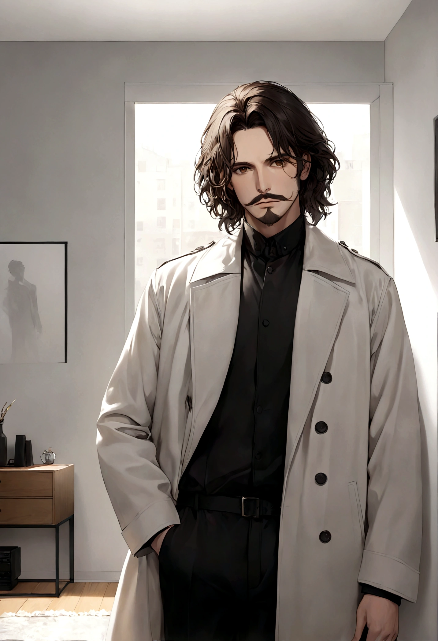 (abrigo para hombre), ), ((bigote estilo Van Dyke y (barba de chivo) "Van Dyke", Van Dyke beard)), (light brown eyes), Aspecto atractivo y serio, cabello muy largo oscuro, messy hair, Elegante y con estilo, abrigo de cuerpo, Un hombre similar al actor Jim Morrison con el cabello largo, ((cabello muy largo)) (Imagen realista y de alta calidad), Apartamento escandinavo en el fondo simple de un cuarto, ((La mejor calidad, 8K, obra maestra).((pose dinamica))