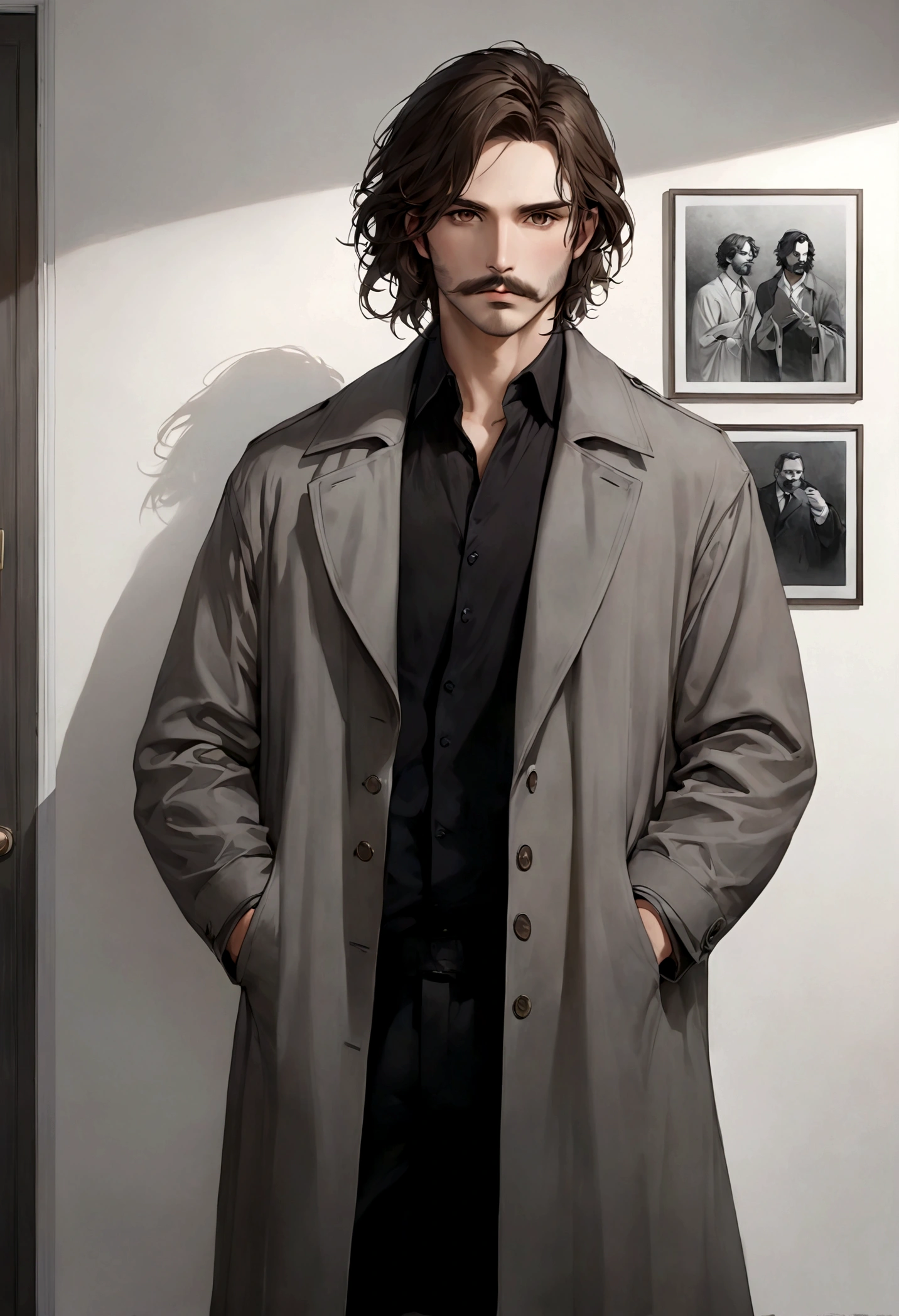 (abrigo para hombre), ), ((bigote estilo Van Dyke y (barba de chivo) "Van Dyke", Van Dyke beard)), (light brown eyes), Aspecto atractivo y serio, cabello muy largo oscuro, messy hair, Elegante y con estilo, abrigo de cuerpo, Un hombre similar al actor Jim Morrison con el cabello largo, ((cabello muy largo)) (Imagen realista y de alta calidad), Apartamento escandinavo en el fondo simple de un cuarto, ((La mejor calidad, 8K, obra maestra).((pose dinamica))