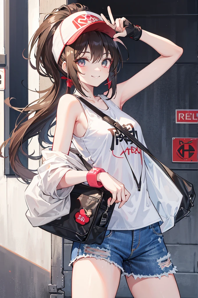 This character is a young girl with long brown hair tied in a high ponytail. She wears a white cap with a red symbol, a white tank top, a black sleeveless jacket, ripped denim shorts and black bracelets. She also has a gray shoulder bag. Her eyes are big and blue, and she makes a peace sign with her left hand, while smiling.