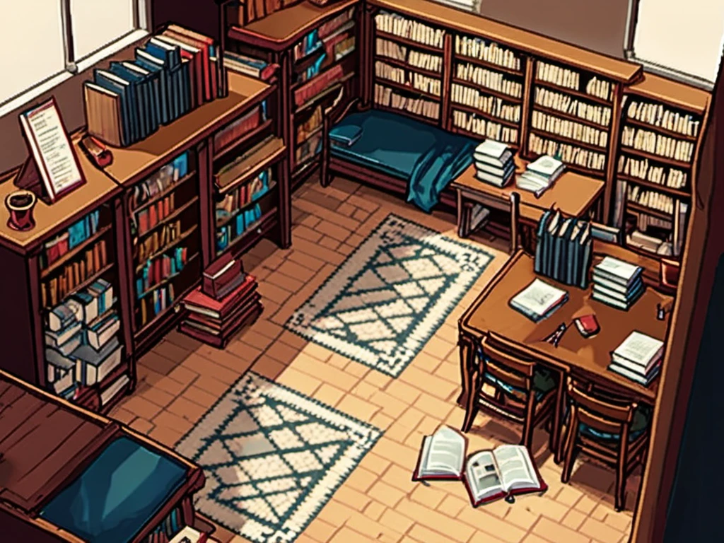 masterpiece, [thin outline],
BREAK,
inside the book shop, indoor,
BREAK,
(RPG maker style top down view), pixel art