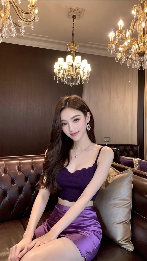 (Otherworldly beauty　Purple top　masterpiece、Top quality、Ultra-precise expression　See the whole body　On the table、(Detailed background),Sitting cross-legged on a luxurious sofa　　Mini skirt long brown hair　Luxury hotel chandelier、slim body lines、Very long legs、Check mini skirt　Double eyelids　Otherworldly beauty　Smile　Subtle upward gaze