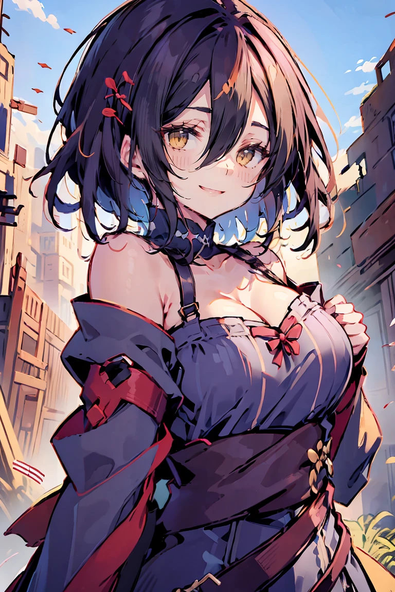 (masterpiece:1.2) hui xiyi, rekkyo sensen, rekkyou sensen, girls with((black hair, tits cleavage, waving is hands, breasts close up, suspenders, dress, blue clothes, belt, frills shirt, knit sweater, camisole, blue clothes, exposed breasts, straps, ribbon, upper body, long hair, one side up, nun, monk clothes, long sleeves, perfect hands, perfect fingers)), background with((fantasy world, ruin, castle, beautiful sky, shining sky, sunshine))