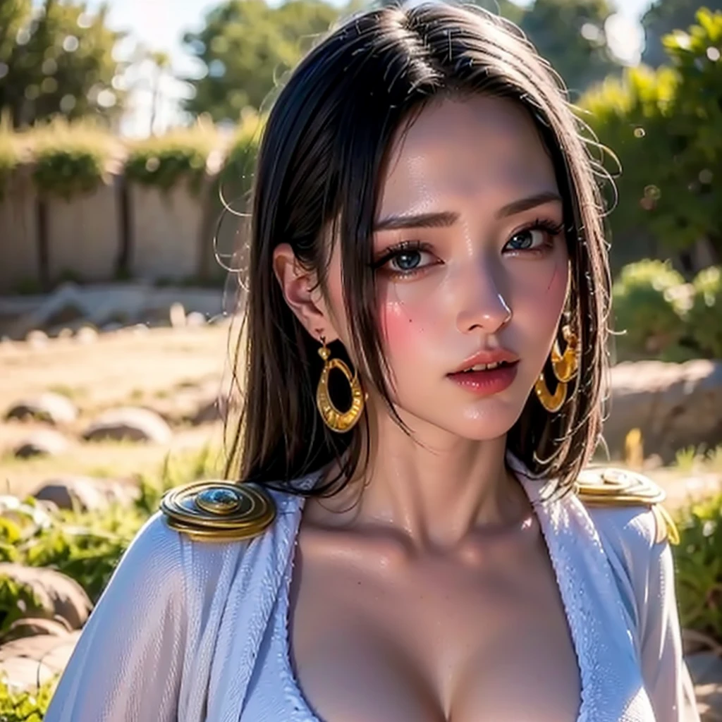 (masterpiece, best quality:1.4), (face focus:1.5), outside, (near the sea), 1girl, solo, hancock1, 1girl, boa hancock, large breasts, cleavage, long hair, epaulettes, cape, (white cape:1), crop top, long sleeves, side slit, (european youth  woman:1), looking at viewer, beautifull smile, beautiful face, highly detailed face, highly detailed eyes, subsurface scattering, realistic pupils, full face blush, full lips, detailed background, depth of field, volumetric lighting, sharp focus, absurdres, realistic proportions, (realistic, hyperrealistic:1.4), 16k hdr