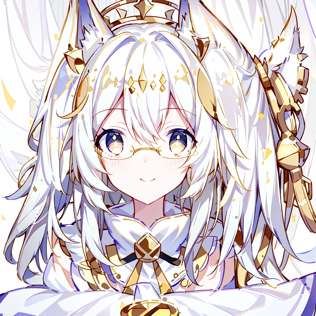 ((Best quality)), ((masterpiece)), (detailed), best quality，8k，original photo，White Fox Girl，touch fox，Castle Background， Liveliness. Carefree happy joy bokeh background. Quiet aesthetics. Soft lighting. Artistic Lighting. Gold frame glasses