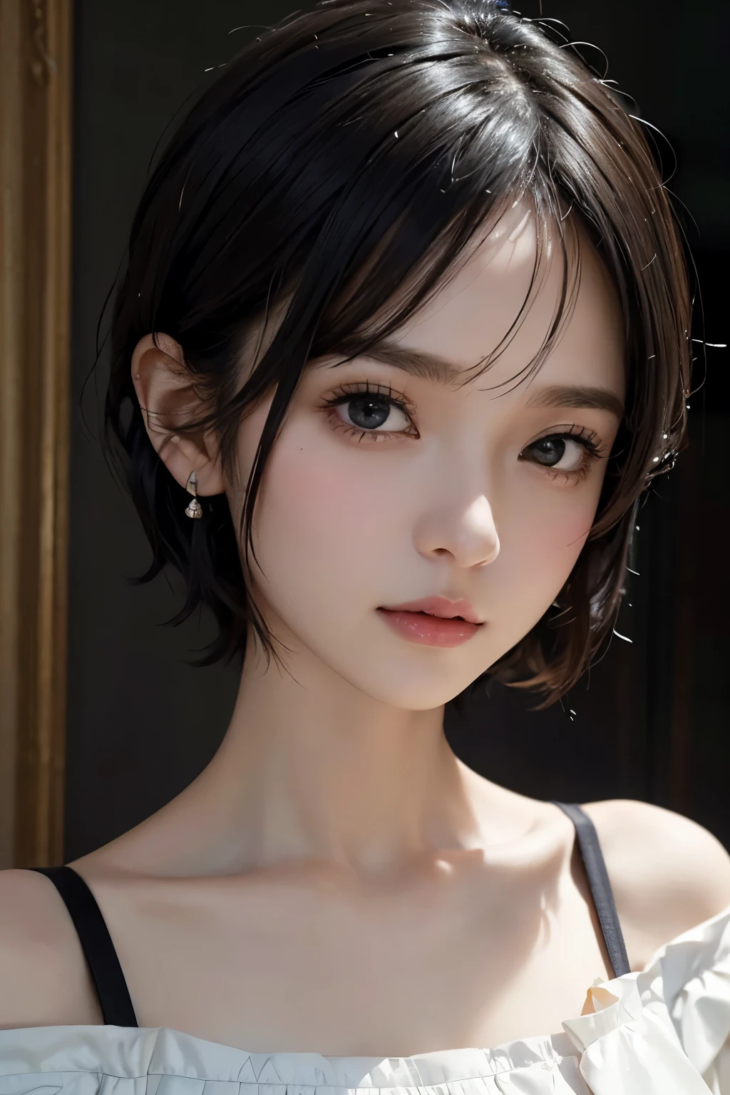 (((Black Short Hair))), (Louvre Museum), Seductive pose, Background is grassland、Image from chest up:1.6)、Close-up portrait of a woman wearing a white off-the-shoulder top dress and earrings, Soft portrait shot 8k, Nice delicate face, High-quality 4K portraits, High-quality portraits, Soft, perfect, pale skin, 8K Highly Detailed Face, なbeautiful繊細な顔, beautiful光の大きな目, Beautiful and realistic face, beautiful14Old woman, Beautiful and realistic face, cute14Old woman