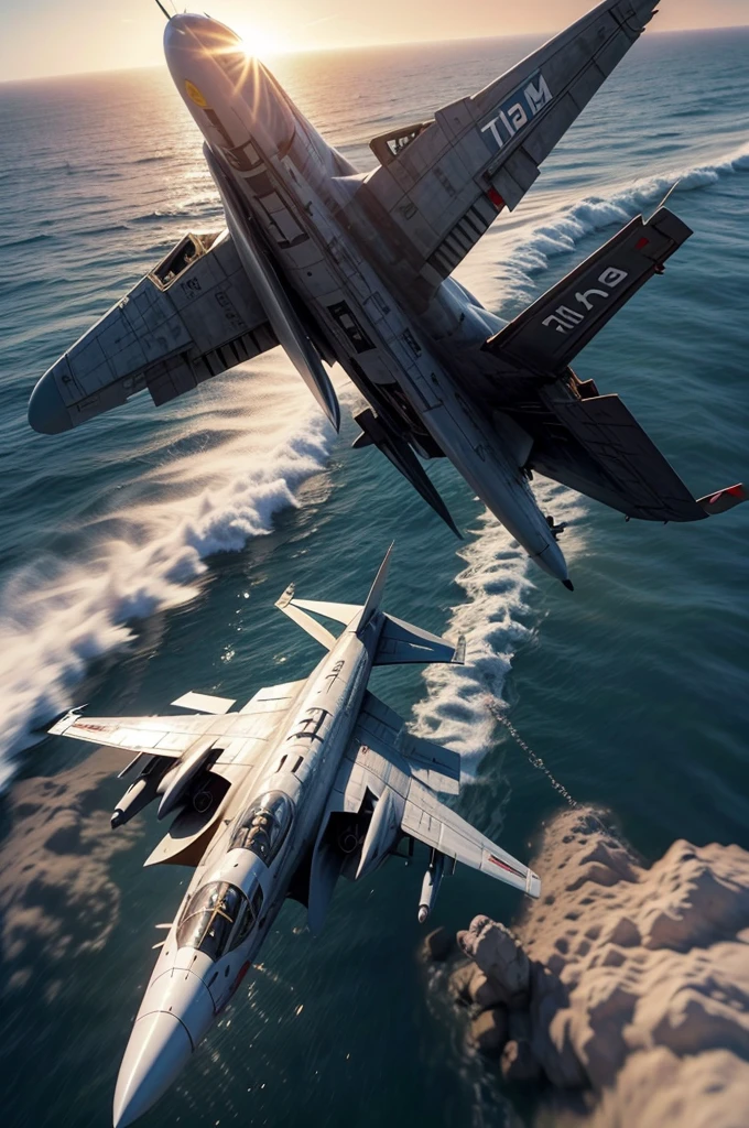 A burning fighter plane falling from the sky during a dogfight over the Pacific Ocean. "hyper realistc"