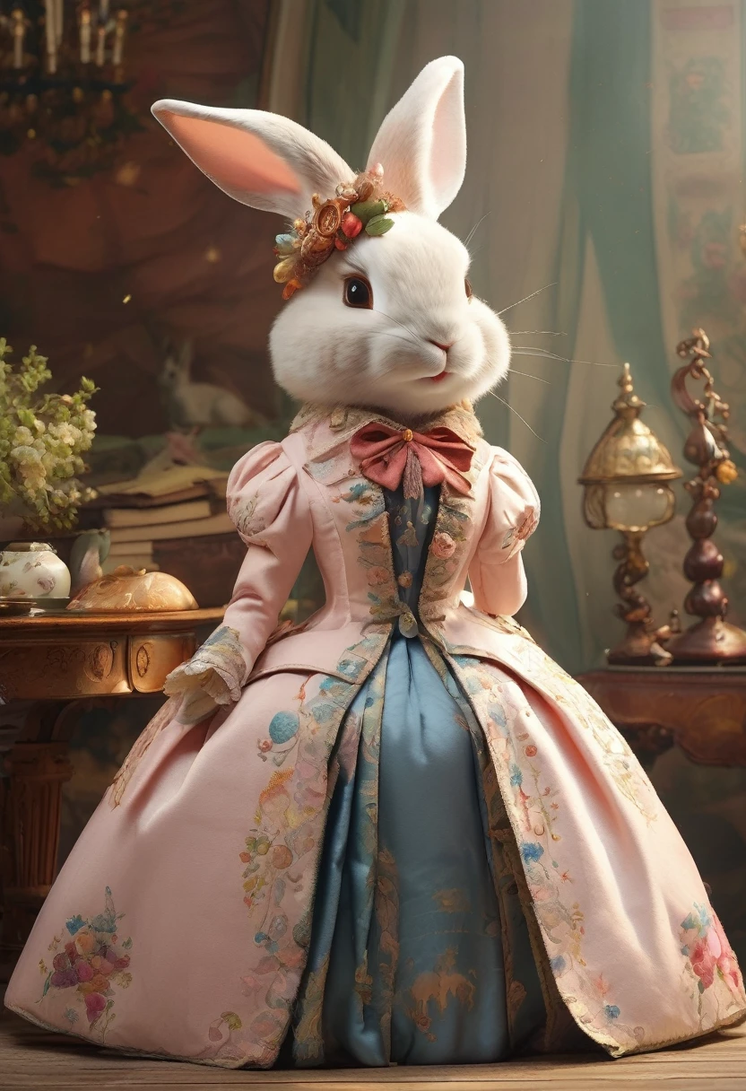 Queen's Rabbit、Multiple facial expressions、Anthropomorphic cute rabbit、Cute characters from fairy tales、Cute rabbit in coat、18th century French clothing、Colorful colors、An ultra-high picture quality、Super delicate、Character design drawings、Full body like、Multiple Pose、