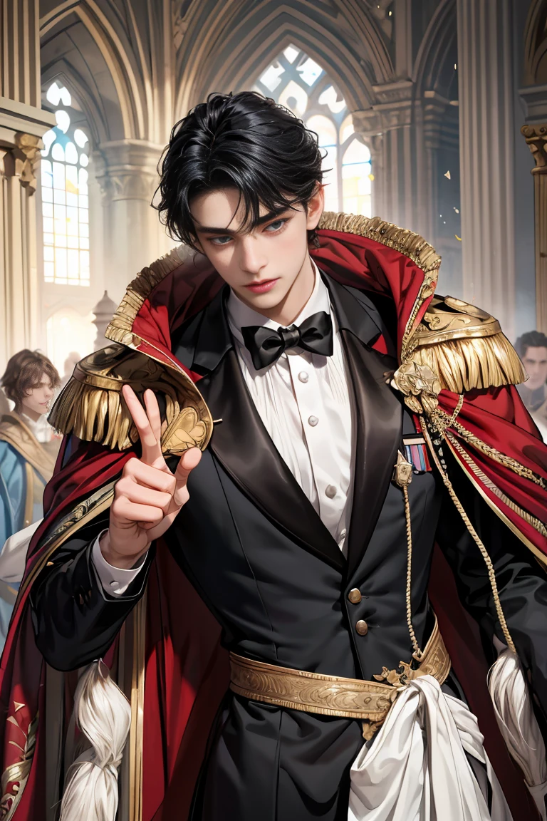 masterpiece, 最high quality, high quality, 1 boy, alone, Male focus, Watching the audience, Messy black hair, Adorable big blue eyes, White, Noble, Noble,Sexy voluminous cape、Tuxedo、A very voluminous, large, very large, very large, long, long red and black cape with a high stand-up collar, reaching down to the floor, made of a lot of fabric., s old,Cute beautiful boys,Cute, cute, kind, handsome guy