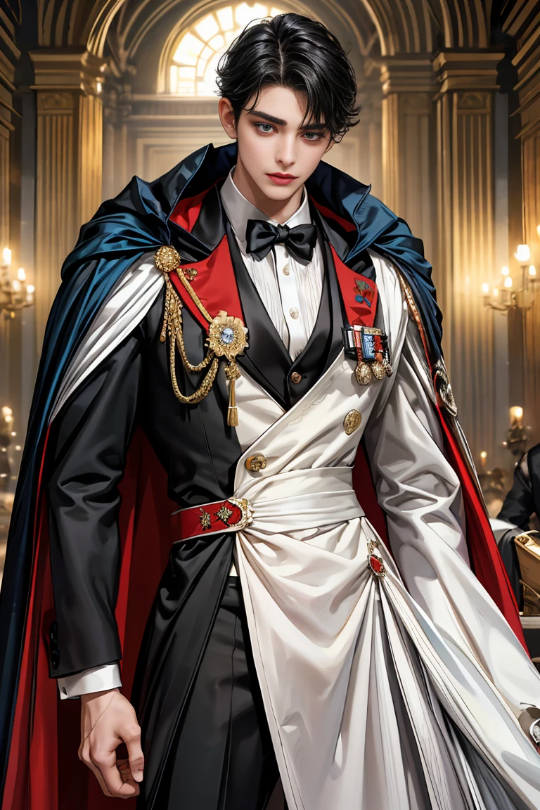 
masterpiece, 最high quality, high quality, 1 boy, alone, Male focus, Watching the audience,  Messy black hair, Adorable big blue eyes, White, Noble, Noble,Sexy voluminous cape、Tuxedo、A very voluminous, large, very large, very large, long, long red and black cape with a high stand-up collar, reaching down to the floor, made of a lot of fabric., ,Cute beautiful boys,Cute, cute, kind, handsome guy