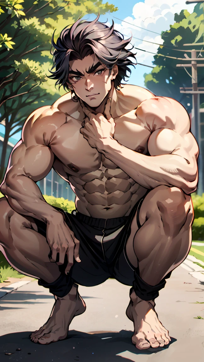 (canto da foto de baixo para cima) (imagem da mais alta qualidade) ,Close-up photos,Lion man ,real, jovem, , vestindo shorts, virilha saliente, imagem de anime, Leaning against a tree, pernas bem abertas, male face, bonito rosto jovem, cabelo subcortado, huge muscle muscles of the chest, large strong thigh muscles, Biceps Sinewy muscles, Corpo enorme, corpo tonificado devido ao treinamento intenso, Well-developed muscles, ABS transparente de 8 embalagens, 3 metros de altura, topless, , pele brilhante, rede de suor pingando, hands on thighs, bare feet, Sem barba,Thick Legs,