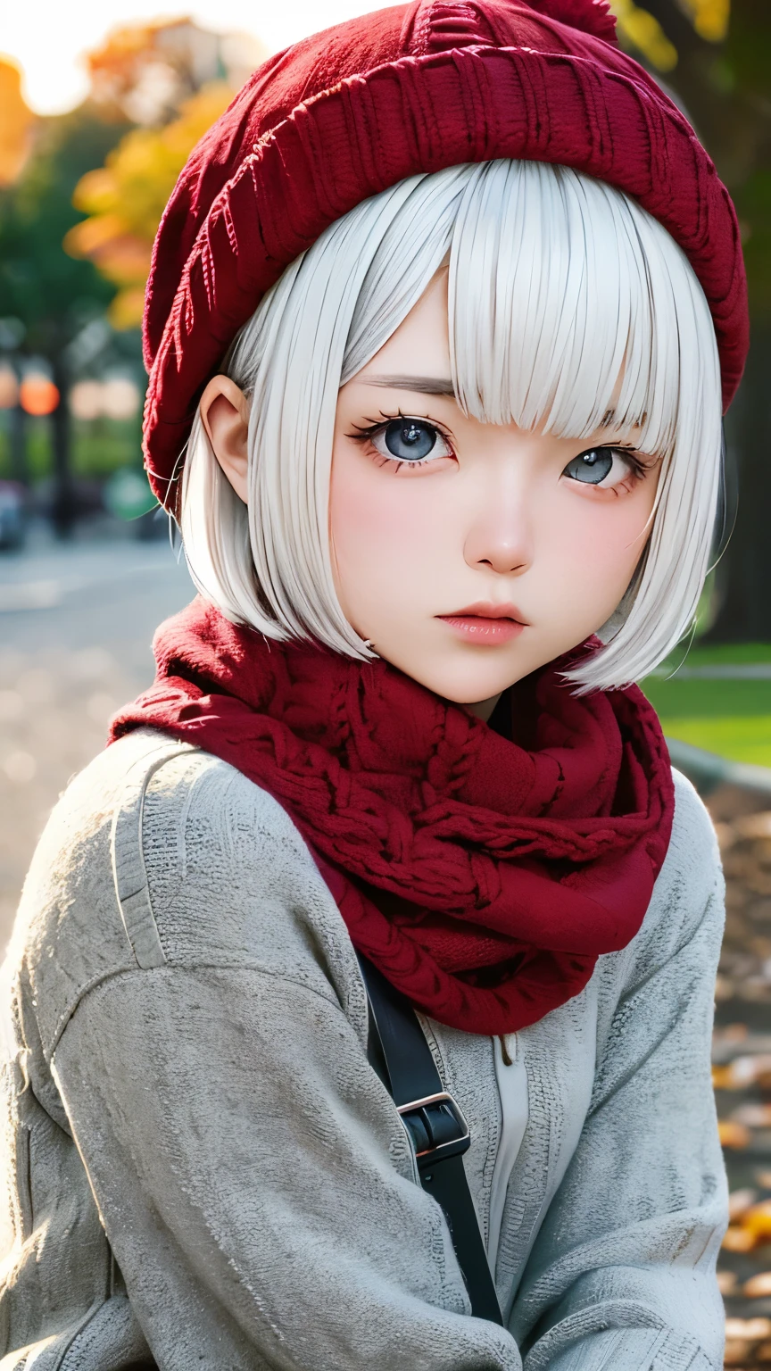 Tabletop:1.2, high quality, 最high quality, High resolution, Surreal, With a girl, Short Bob，Dirty hair, Light grey eyes,Infinitely clear eyes，************，High neck inner，Red knitted hat，scarf，Are standing，Tilt your head, sunset, Outdoor，Autumn park:1.5，Blurred Background, Portraiture,Natural look, (詳細なface), ((Sharp focus)), ((face)), Upper body_body