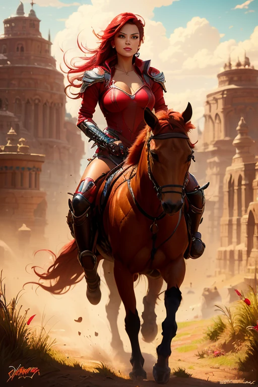 a very beautiful red woman riding a (((cyber))-puma) in a savannah, fantasy art, detailed, masterpiece, style by vallejo