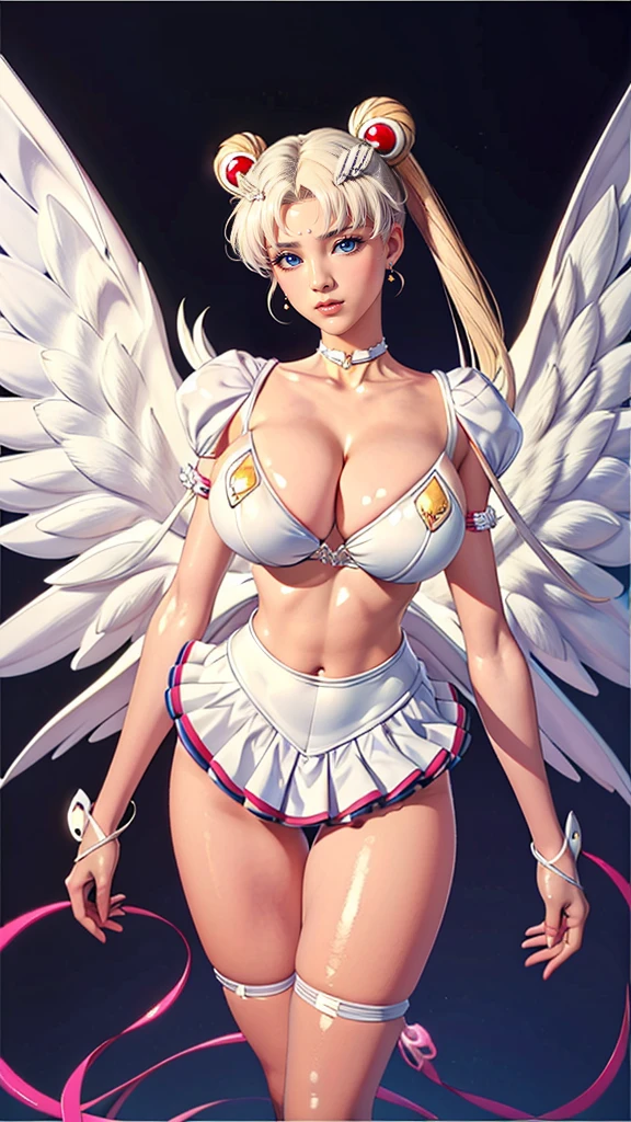 (（（Perfect body,White and tender skin,（（（Yellow layered skirt Pink puffy sleeves White gloves White boots Wing brooch Red choker Red ribbon Wings Hairpin Red bun cover Golden crescent forehead mark）））,（（（EternalSM ，Slender and soft golden hair, crystal clear and delicate skin, bright blue big eyes, thin cherry colored lips,,）））,((masterpiece)),highres,((Best quality at best)),masterpiece,quality,Best quality,(（（ Exquisite facial features,Looking at the audience,There is light in the eyes,(（（lol，happy））），）））,（（（Light and shadow,Huge breasts,）））,（（（Looking at the camera,black background,)））)