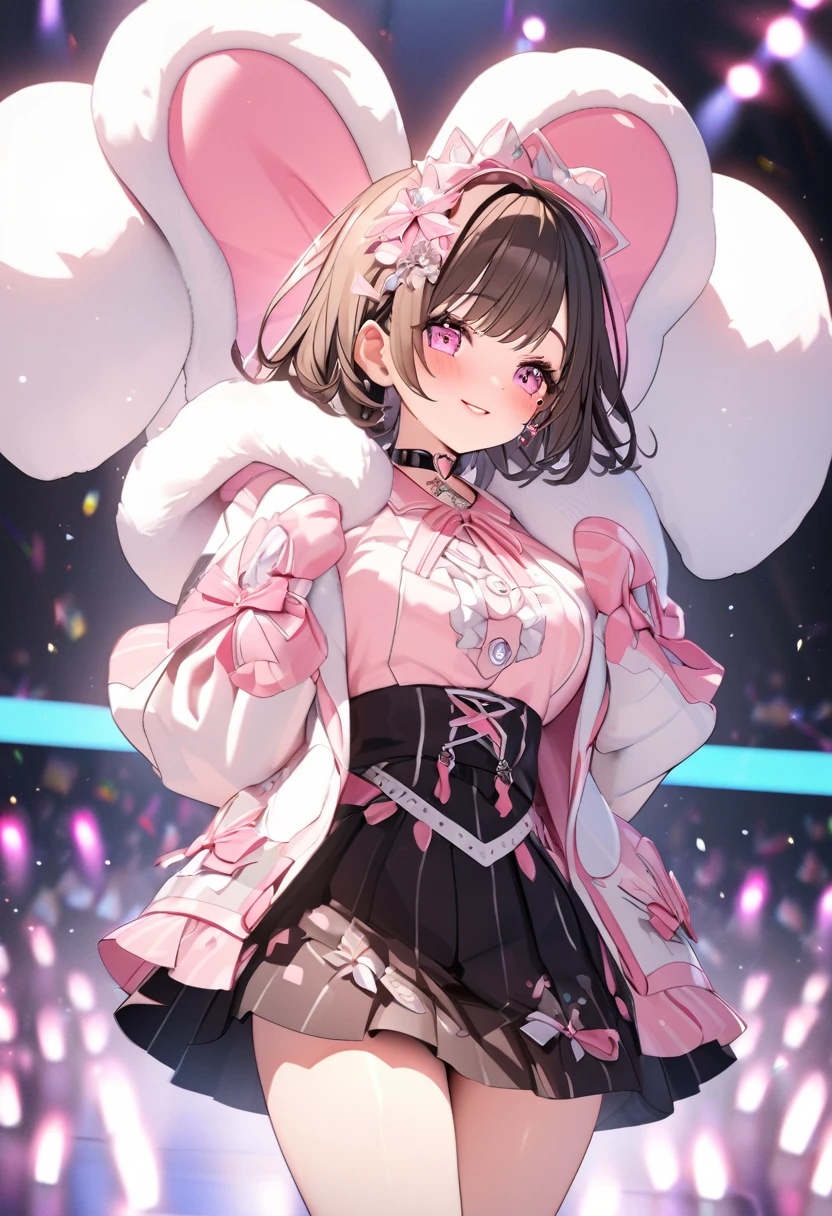 One Girl、Gazing at the audience、
Beautiful pink eyes、Brown short hair、Mole under the eye、Plump and glossy lips、Heart-shaped choker、Idol、Her name is Rico、smile、ー、。。。。。。。。。。。。。。。。。。。。。。。。。。。。。。。。3D、Real、
Pink fluffy top、Black fluffy mini skirt、Rabbit-inspired costume、、gem、Lace trim、On the glittering stage、
masterpiece、highest quality、8k、Detailed skin texture、Detailed cloth texture、Beautifully detailed face、Intricate details、Very detailed、
Ultra-high resolution、8k Ultra HD、Film Grain、Best Shadow、delicate、Gazing at the audience、front
