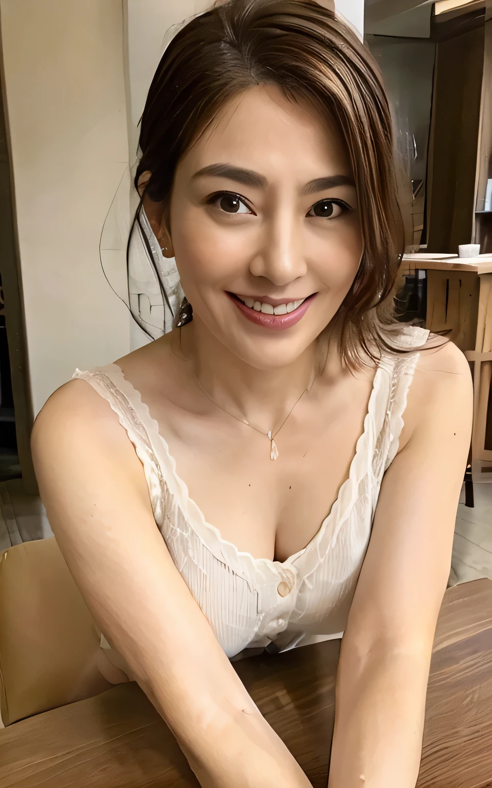 ((highest quality, 8k, Tabletop :1.3)), Sharp focus :1.2, Beautiful mature woman, 45age, Mature Woman, ((lingerie)), Down blouse, ((Leaning forward)), (Huge breasts), (smile:1.15), Highly detailed face and skin texture, Fine grain, (Round face:1.4), Japanese、Photographing the whole body from a distance 2.0