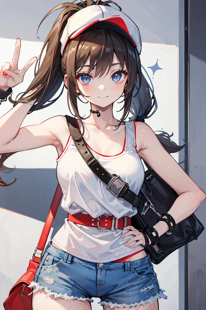 This character is a young girl with long brown hair tied in a high ponytail. She wears a white cap with a red symbol, a white tank top, a black sleeveless jacket, ripped denim shorts and black bracelets. She also has a gray shoulder bag. Her eyes are big and blue, and she makes a peace sign with her left hand, while smiling.