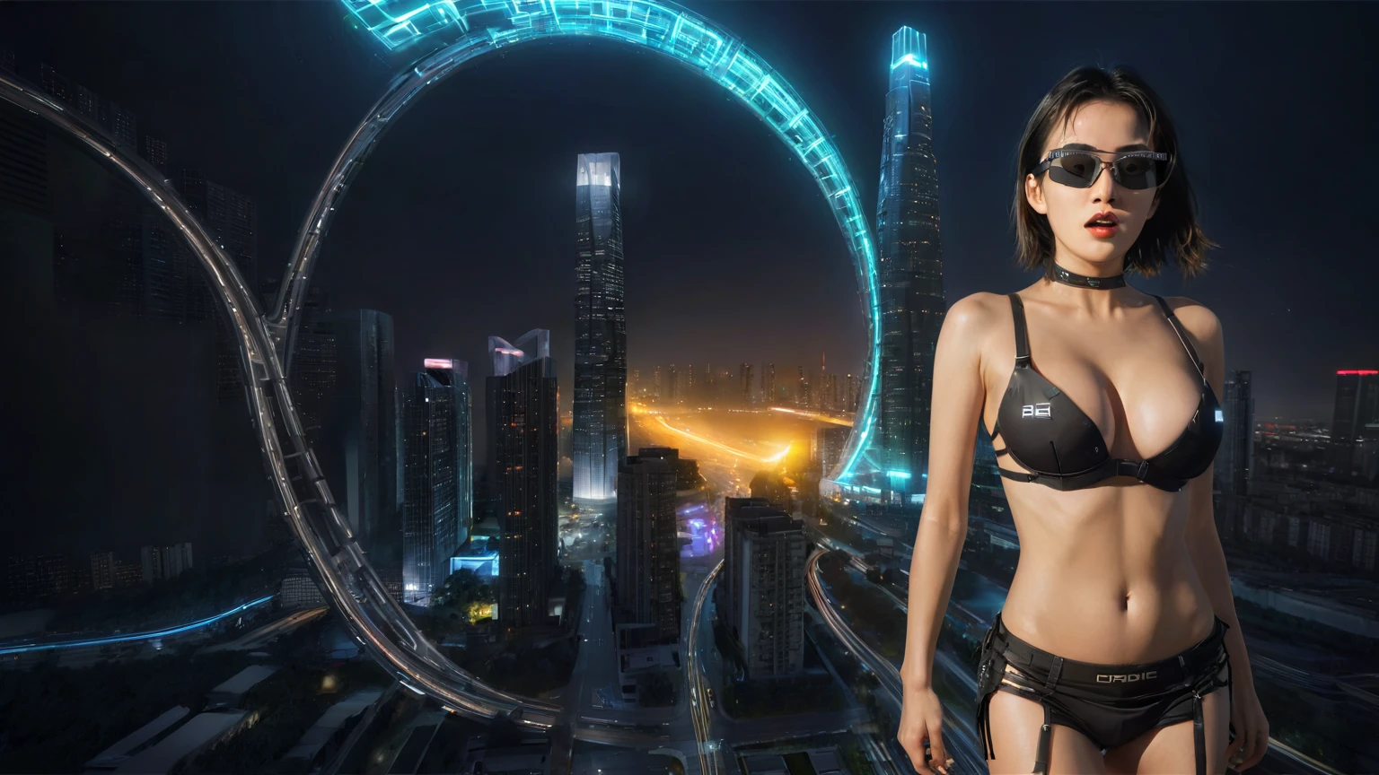 UE 5, computer render, Rendered by Octane, (8K, tmasterpiece), (realistically, Photo degree:1) luminescent concept art, (((((aerial view))))) of Cyberpunk city scene, ((Surreal circuit architecture)), (((((supercars street racing, 1 drone))))). Matrix style, (((((Matrix cascading code))))), (((((a futuristic twin tower skyscraper with a unique twisted design))))), (((((OLED GUI interfaces in the building))))), at night, (((((1girl, solo))))), photo realistic, (((large-breast:1.2 slim body, cleavage))), (((off torn mini matrix-code sling-shirt and black sling bra, extreamly short pleated matrix-code miniskirt exposing panty))), (((((running pose))))), (((((((matrix style black micro sunglasses))))))), ((((((((((aiming with a short gun)))))))))), (((((looking at camera))))), (((very low view))), (((((half-body thigh level medium shot))))), (((cinematic lighting))).