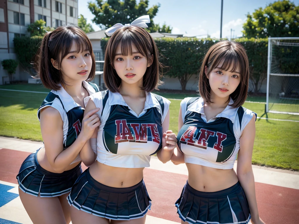 (RAW photo, 4k, masterpiece, high resolution, extremely complex) (realistic: 1.4), cinematic lighting
((2 girls, 2 schoolgirls)),blushing,((innocent)),bright eyes,round eyes,blunt bangs,(short bob hair:1.3),black hair,large breasts,wide hips,Summer Noon, ,Hot, (Best Quality), (Highres), (an Extremely Delicate and Beautiful),(Beautiful 8k face),(Brown eyes),( spectators),(gigantic breasts),(Play with each other,Touching each other's bodies,Touching the body),(cheer girl:1.5),(a miniskirt),(reality),bright lighting,(The background is a luxury hotel room)
