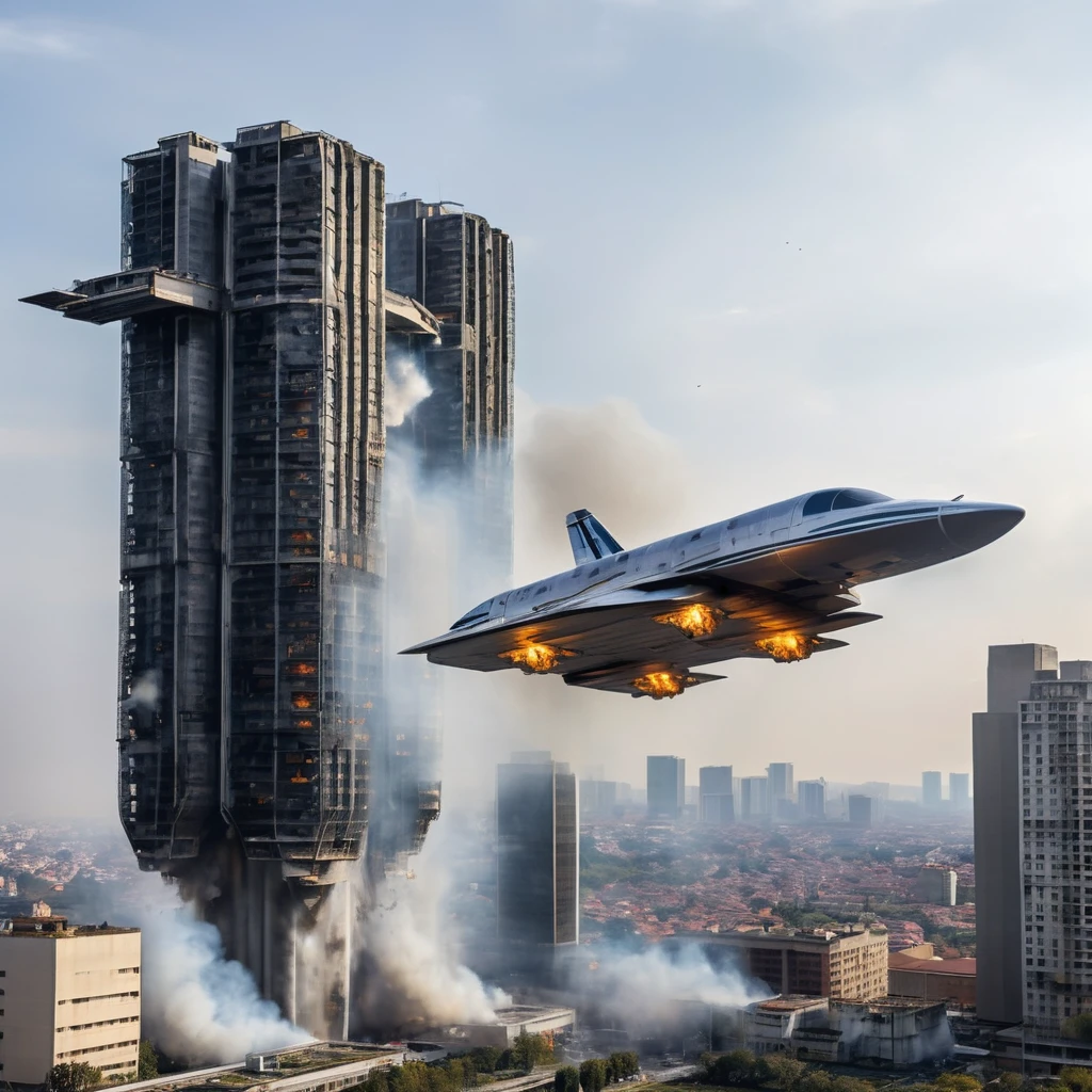 The latest spaceship-shaped UAM aircraft collides with the upper part of a high-rise building while flying, leaving only the back of the aircraft visible.