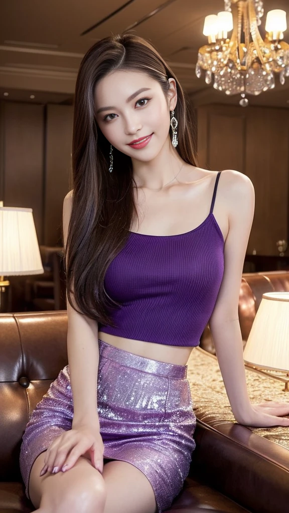 (Otherworldly beauty Purple top masterpiece、Top quality、Ultra-precise expression See the whole body On the table、(Detailed background),Sitting cross-legged on a luxurious sofa Mini skirt long brown hair Luxury hotel chandelier、slim body lines、Very long legs、Check mini skirt Double eyelids Otherworldly beauty Smile Subtle upward gaze