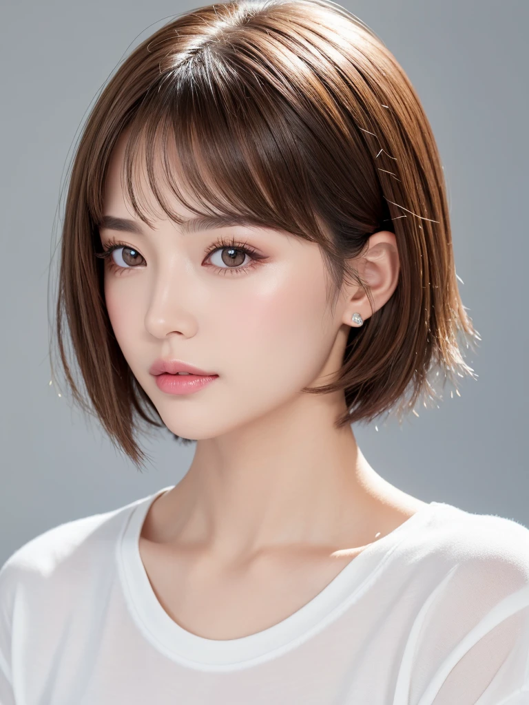 (highest quality、Tabletop、8k、Best image quality、Award-winning works)、((profile))、Look Down、ear、((short hair:1.46)),(Brown Hair)、(White casual shirt:1.2)、(The simplest pure white background:1.3)、(Perfectly fixed in front:1.1),(Portrait with space:1.2)、Beautiful and detailed、Perfect Makeup、Ultra-high definition beauty face、Ultra HD Hair、Ultra-high definition sparkling eyes、Ultra-high quality glossy lips、Accurate anatomy、Very beautiful skin、(Pure white skin shining in ultra-high resolution:1.1)、(Very bright:1.2),Big Natural Color Lip、Lip gloss,Harajuku、cute、cute美人