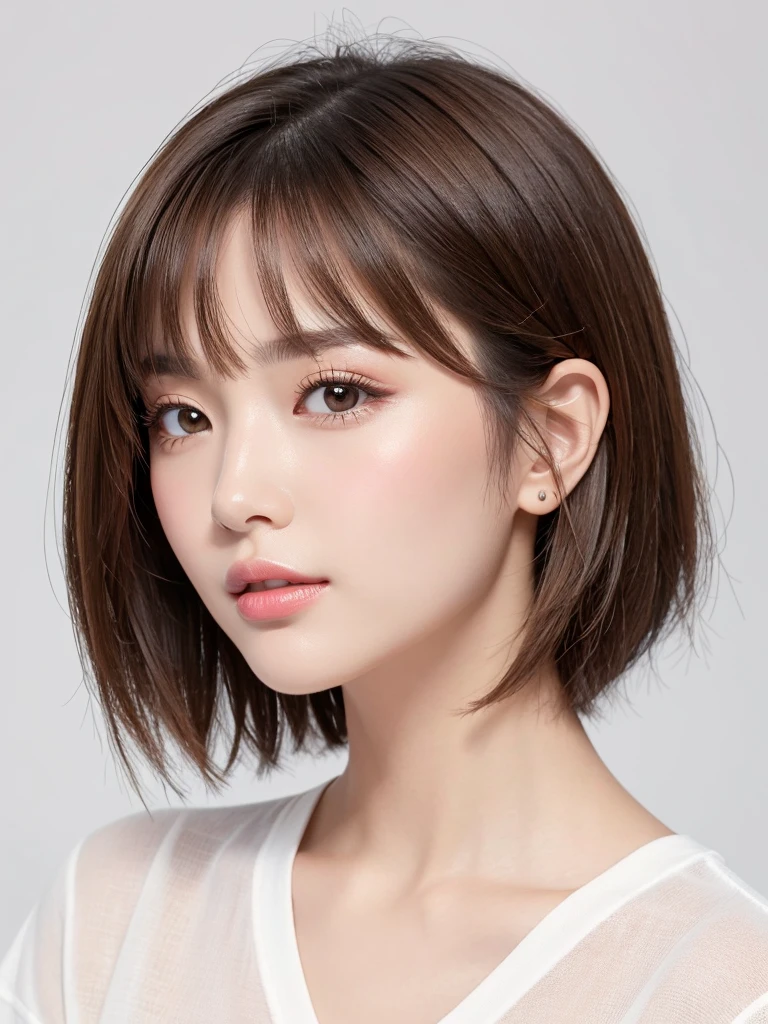 (highest quality、Tabletop、8k、Best image quality、Award-winning works)、((profile))、Look Down、ear、((short hair:1.46)),(Brown Hair)、(White casual shirt:1.2)、(The simplest pure white background:1.3)、(Perfectly fixed in front:1.1),(Portrait with space:1.2)、Beautiful and detailed、Perfect Makeup、Ultra-high definition beauty face、Ultra HD Hair、Ultra-high definition sparkling eyes、Ultra-high quality glossy lips、Accurate anatomy、Very beautiful skin、(Pure white skin shining in ultra-high resolution:1.1)、(Very bright:1.2),Big Natural Color Lip、Lip gloss,Harajuku、cute、cute美人