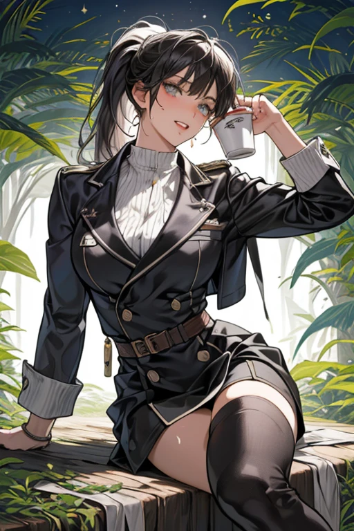highest quality、(real、photorealistic:1.4)、(RAW photo:1.2,(Curve,Model,glamor:1.5),Beautiful breasts,(from below:1.2),(from side:0.9), ((Face)), (Close-Up:0.4), ((looking at viewer, holding a cup of coffee)), highest quality、(real、photorealistic:1.4)、(RAW photo:1.2),highest quality,(masterpiece),(((Whole body image))),(a 18yo girl), (Highly detailed face),Slightly round face, (Tan brown face:1.0), Boyish beauties, beautiful face, Beautiful lips,Baby Face,(Big eyes),((black,hair,long pony tail hair)),thin pubic hair,cute,lovely,(strong silver hair:1.2),(blunt bangs),(Brown skin:1.0),(Military uniform, bulletproof jacket),nice companion,delicate body、thin legs,beautiful black dress,black gloves, black thighhighs, white panties,(double breasted,under bust:1.2)in the kitchen Woman in survival mode,Sexy thighs,Heat,Sweat heavily,Tropical forests,During a break,sit cross-legged on the ground,The way the light shines is beautiful, Beautiful buttocks,(with sparkling eyes and a contagious smile),little open mouth,black suspenders,Bulging big,breasts,walls: Black miniskirt,garters,Gaze,Small face,bangss,holster,Beautuful Women,hands up,leg holster,Gaze,black boots panty shot, provocation,flank,flank sweat soio,arm,,narrow waist,(with sparkling eyes and a contagious smile),her thin pubic hair, looking at viewer, pose muy sexy"