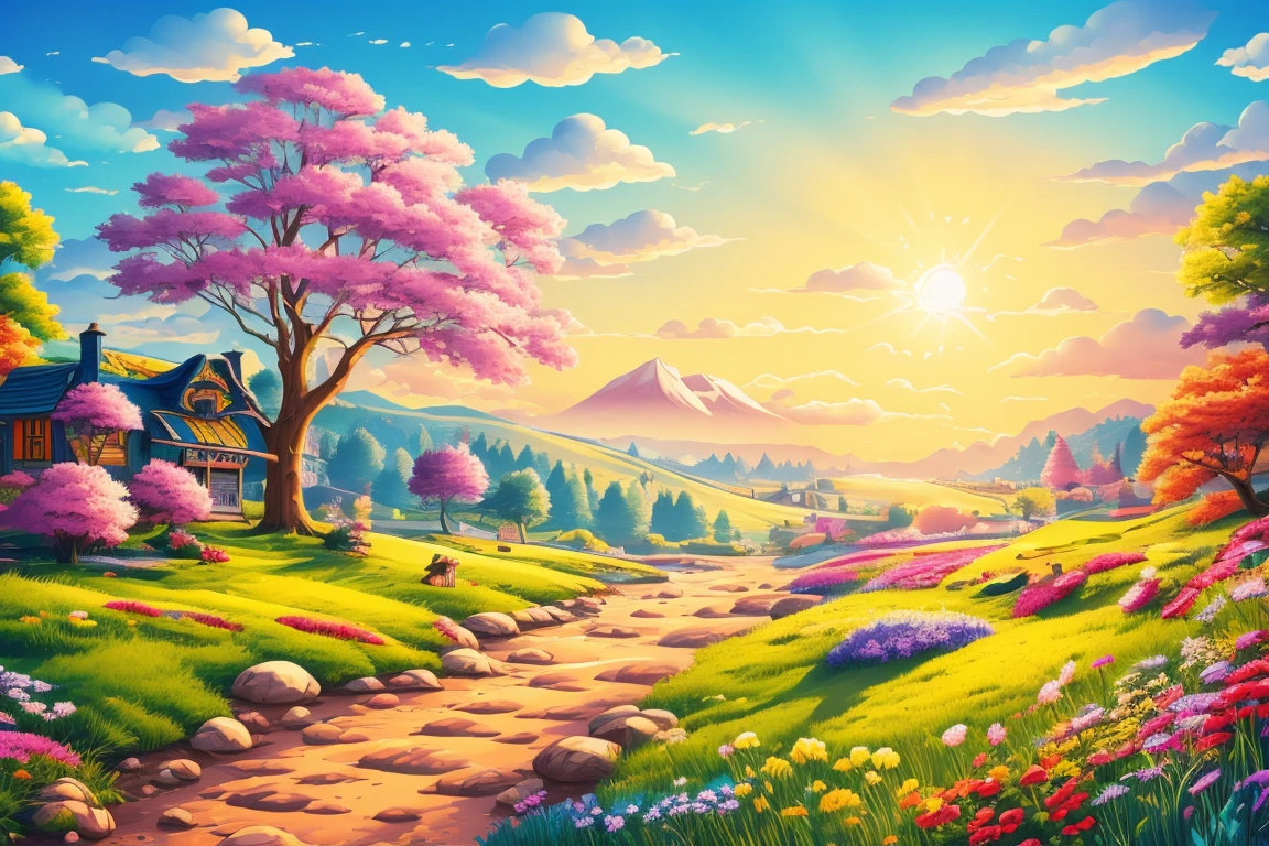 (bright), a cartoon background illustration of a Summer landscape, bright sunny day, beautiful art, detailed, 4k, masterpiece, no human