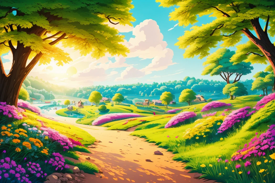 (bright), a cartoon background illustration of a Summer landscape, bright sunny day, beautiful art, detailed, 4k, masterpiece, no human