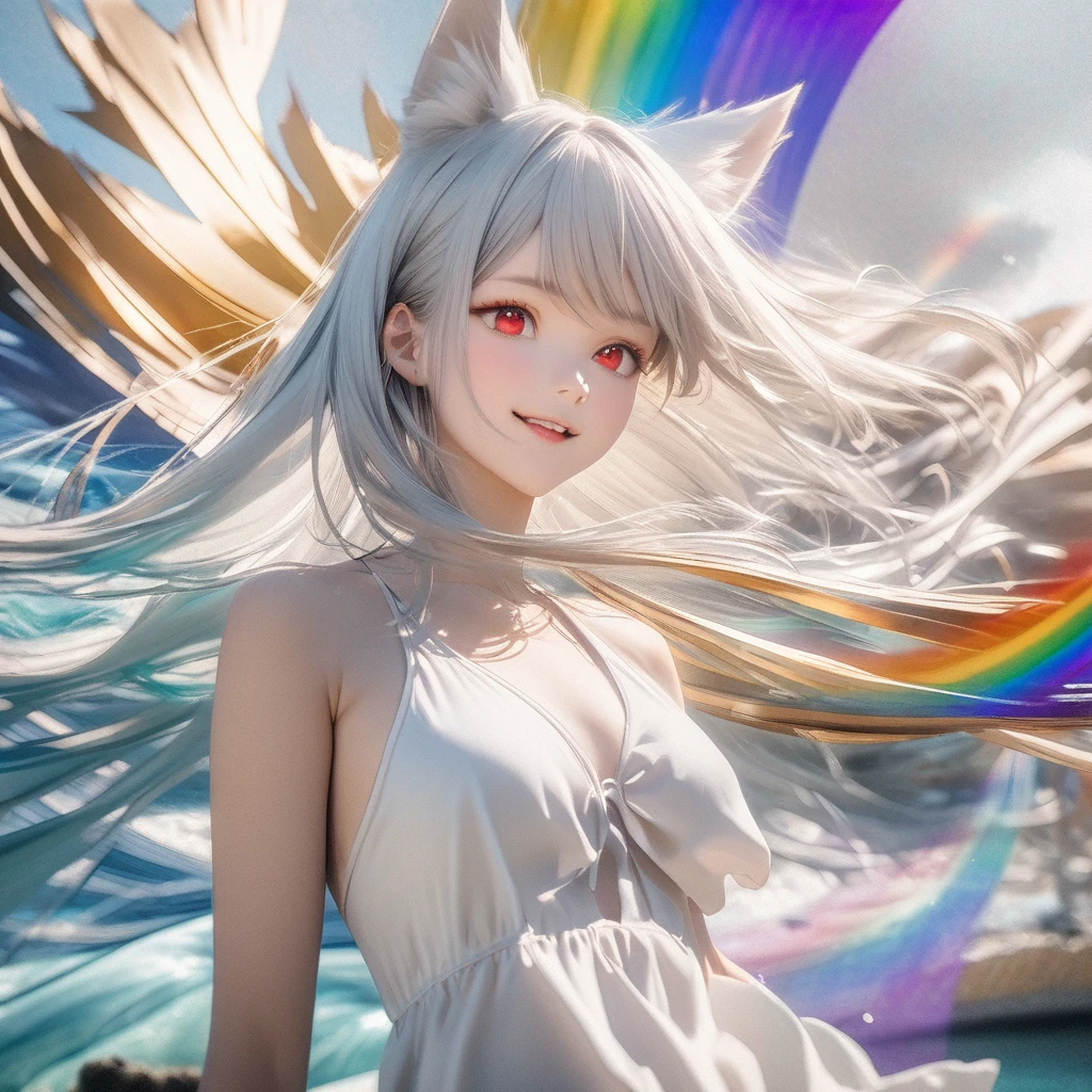 best quality, 8K, original photo, Ridiculous, Extremely detailed, Fox ears，baby face, No makeup, Gentle and focused, slim, Perfect proportion, White straight hair, (wind, wind-effect), Red Eyes, Various visual styles for backgrounds，combines various artistic elements，like a sparkling iridescent rainbow，White Fox Girl，swimsuit，Gold frame glasses