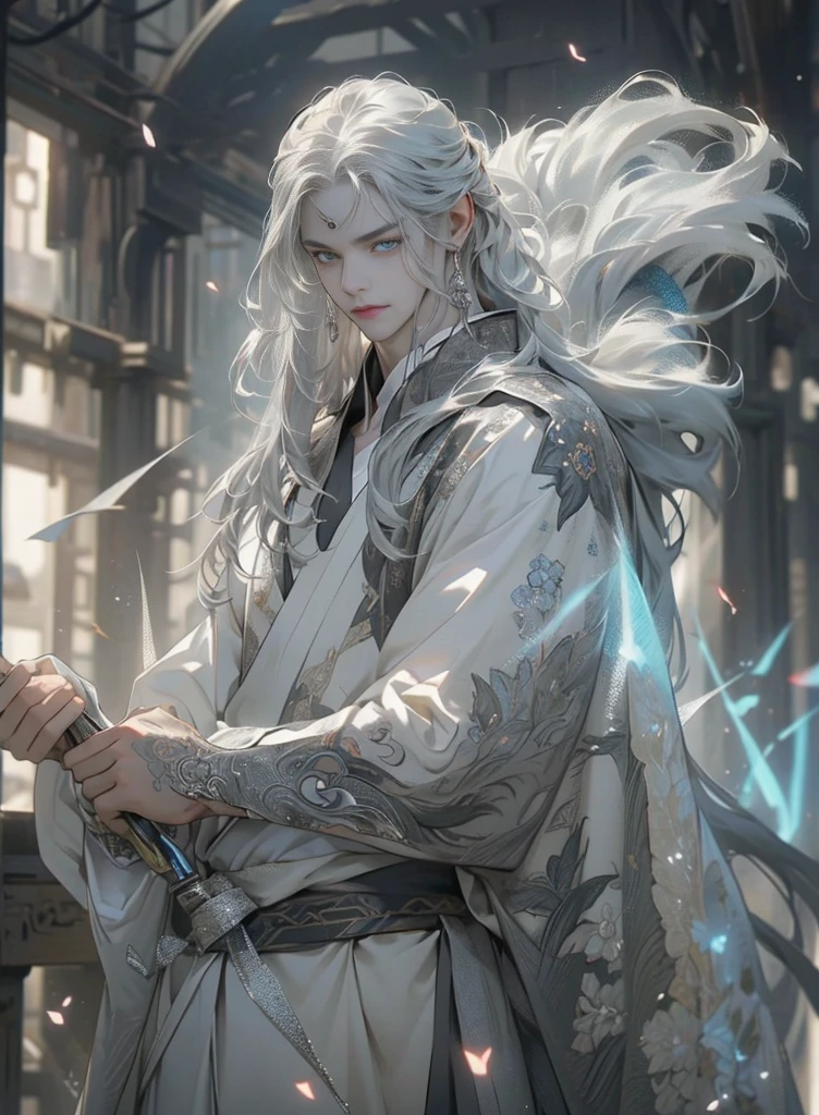 (extreamly delicate and beautiful:1.2), 8K, (tmasterpiece, best:1.0), , (LONG_silver_HAIR_MALE:1.5), Upper body body, a long_haired male, cool and seductive, evil_gaze, wears opened hanfu, half-nudity_chest and intricate detailing, and intricate detailing, finely ((Perfect symmertical eyes:1.5)) and detailed face, Perfect eyes, Equal eyes, Fantastic lights and shadows、white room background、 Uses backlight and rim light