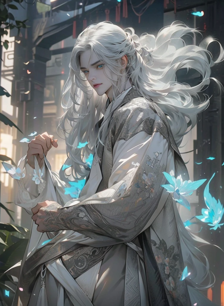 (extreamly delicate and beautiful:1.2), 8K, (tmasterpiece, best:1.0), , (LONG_silver_HAIR_MALE:1.5), Upper body body, a long_haired male, cool and seductive, evil_gaze, wears opened hanfu, half-nudity_chest and intricate detailing, and intricate detailing, finely ((Perfect symmertical eyes:1.5)) and detailed face, Perfect eyes, Equal eyes, Fantastic lights and shadows、white room background、 Uses backlight and rim light