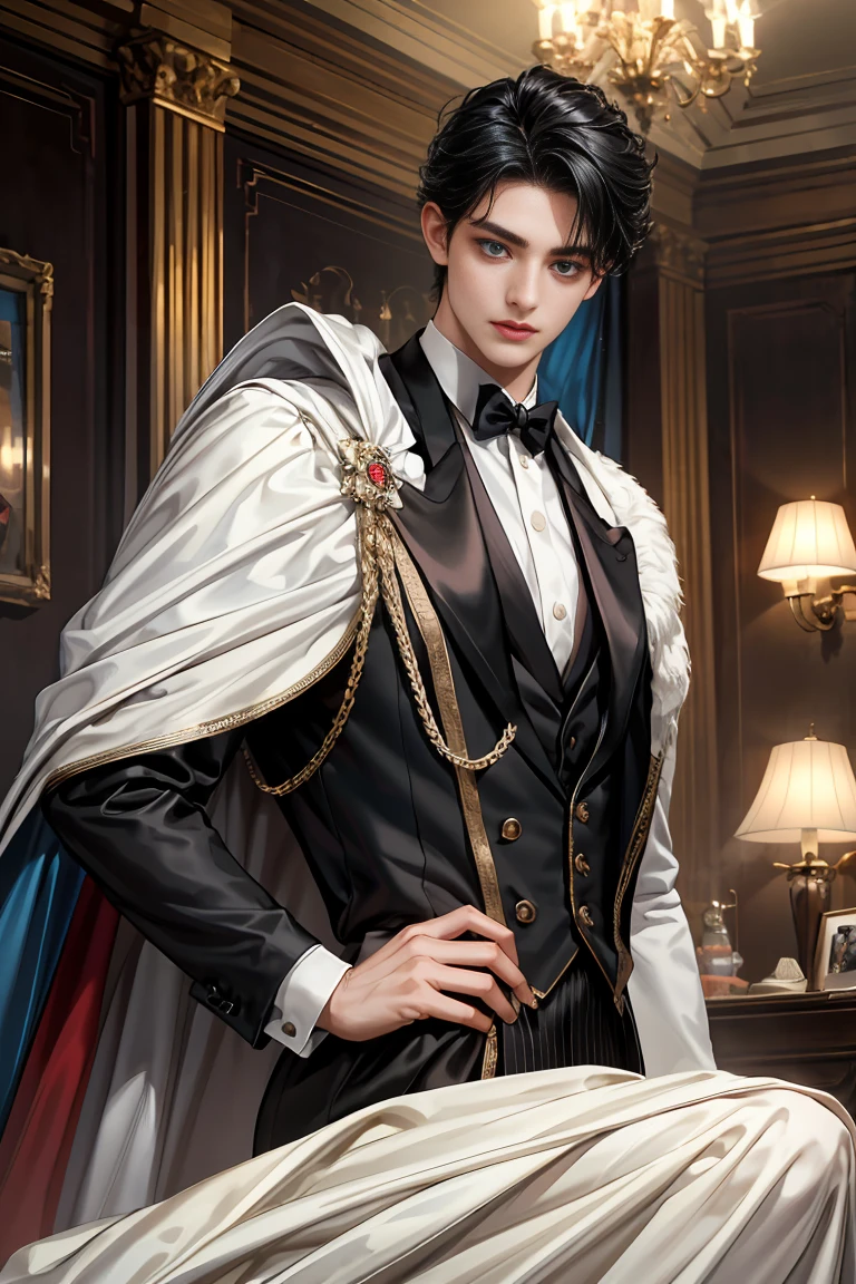 masterpiece, 最high quality, high quality, 1 boy, alone, Male focus, Watching the audience, Messy black hair, Adorable big blue eyes, White, Noble, Noble,Sexy voluminous cape、Tuxedo、A very voluminous, large, very large, very large, long, long red and black cape with a high stand-up collar, reaching down to the floor, made of a lot of fabric., 17 years old,Cute beautiful boys,Cute, cute, kind, handsome guy
