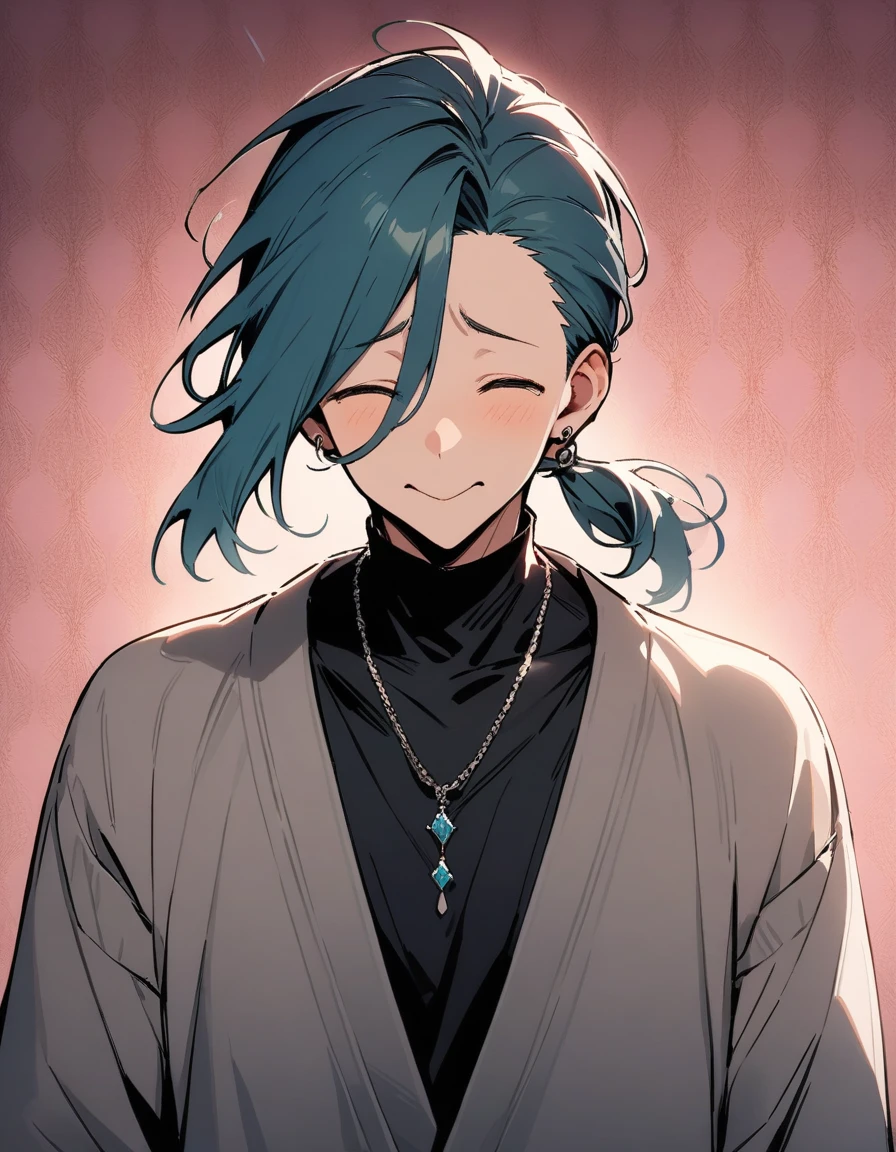 ((((best masterpiece, best quality, wallpaper,)))) solo, 1male, 30 years old, handsome man, medium long shot, view straight on, looking at viewers, beautiful detailed, longuette,mediumturquoise hair, Lower short ponytail, asymmetrical bangs, ((((^o^, closed eyes, ,tareme, droopy eyes,)))) sharp nose, seductive smile, clear face, black turtleneck, grey cardigan, （silver earrings, silver necklace,） leggings, Clothes, lighting back, backlighting, pink background color,