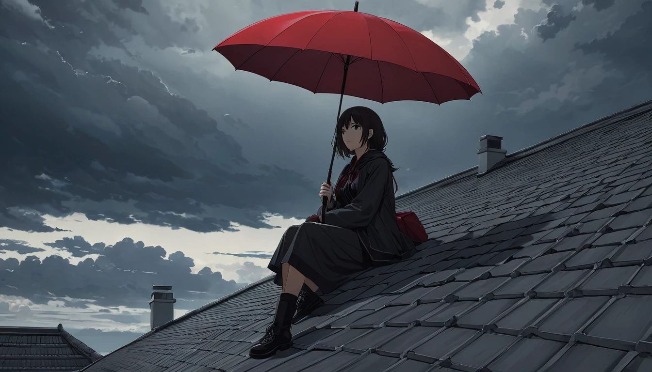 Ultra high definition animation. A girl sits with a red umbrella on a tiled roof with a chimney. The sky is full of dark clouds.