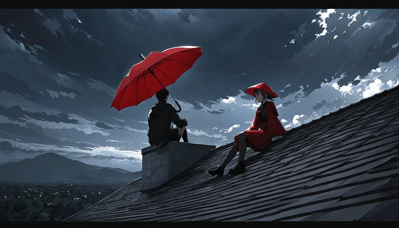 Ultra high definition animation. A girl sits with a red umbrella on a tiled roof with a chimney. The sky is full of dark clouds.