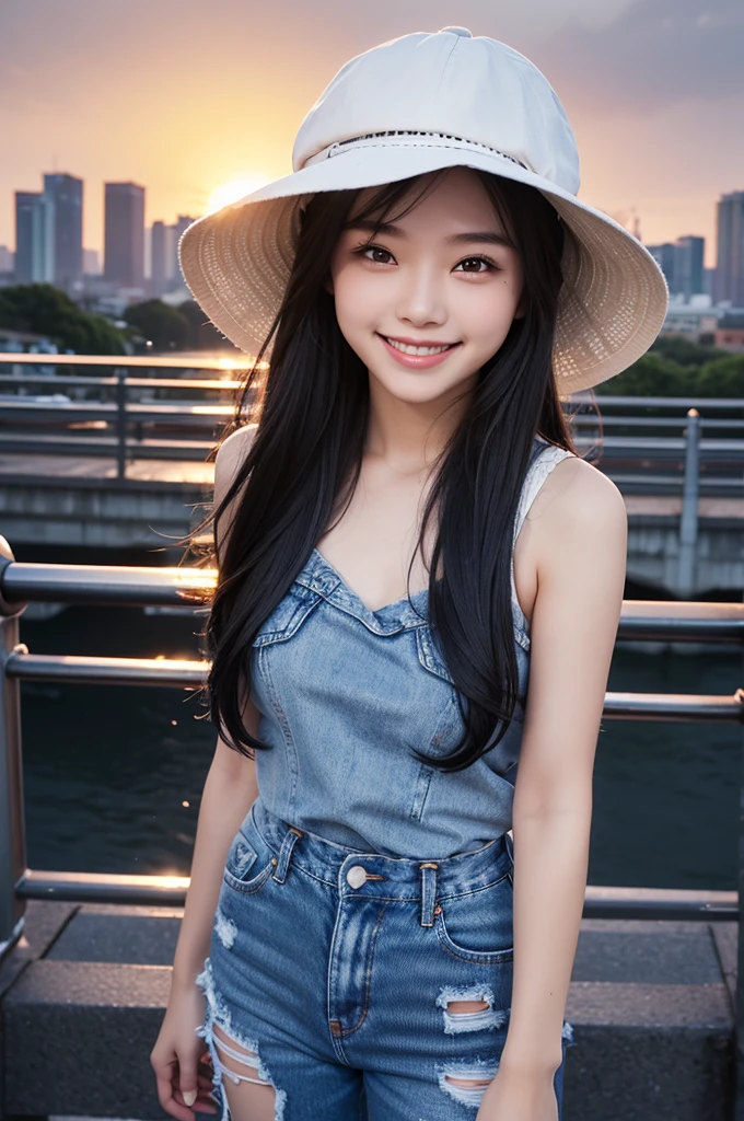 whole body、A friendly face、1. Cute girl、rough jeans、Pedestrian bridge、Skyscraper、sunset、Complex background、Detailed Hair、Black Hair、Dim lighting、long hair length、There is movement、(((Summer clothes)))、(((smile))),(((hat)))