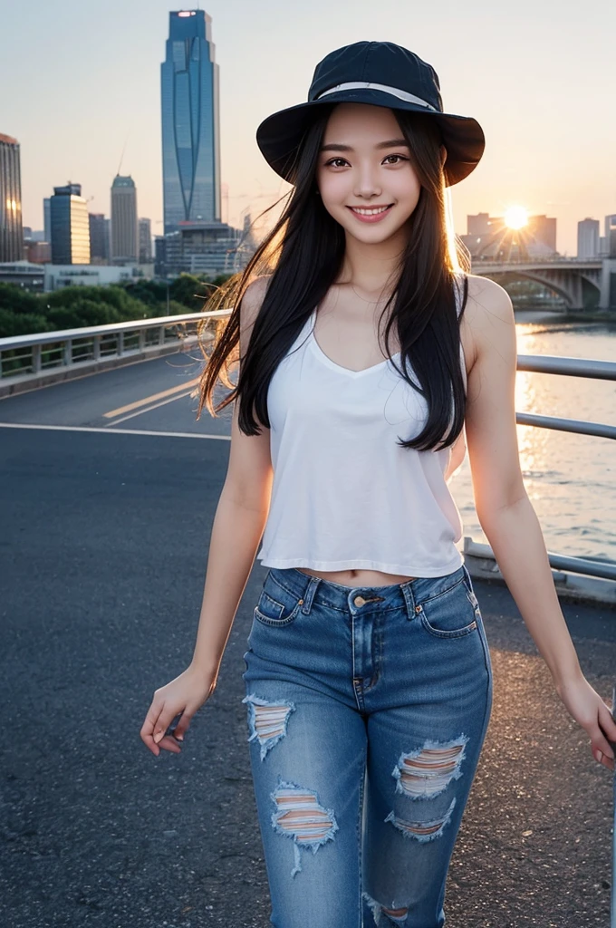 whole body、A friendly face、1. Cute girl、rough jeans、Pedestrian bridge、Skyscraper、sunset、Complex background、Detailed Hair、Black Hair、Dim lighting、long hair length、There is movement、(((Summer clothes)))、(((smile))),(((hat)))